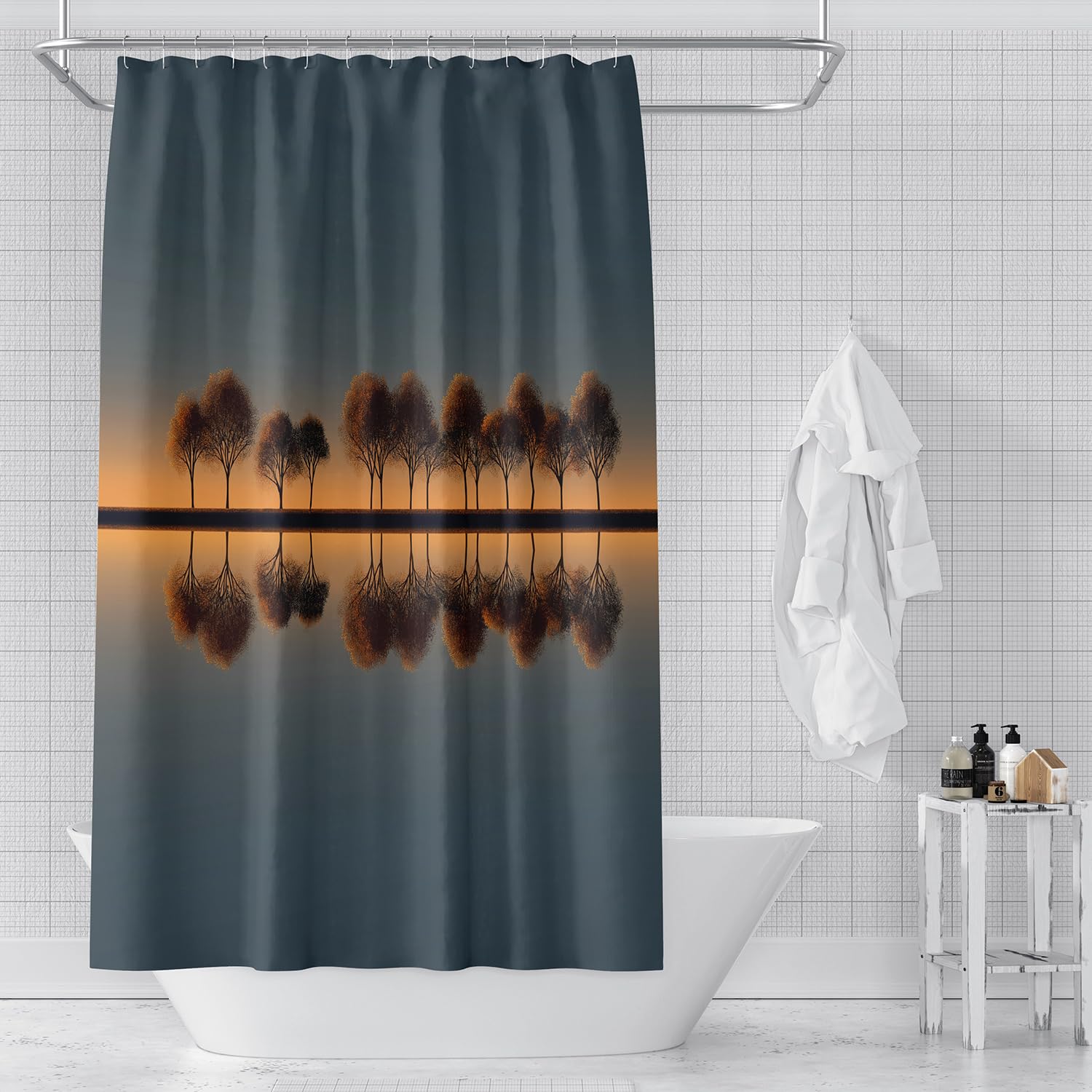 Cortina de Ducha con Paisaje Otoñal,Cielo Crepuscular Degradado con Siluetas de Árboles Dorados,con Ganchos de Plástico,Lavable a Máquina y Secado Rápido,Ideal para La Decoración de La Bañera