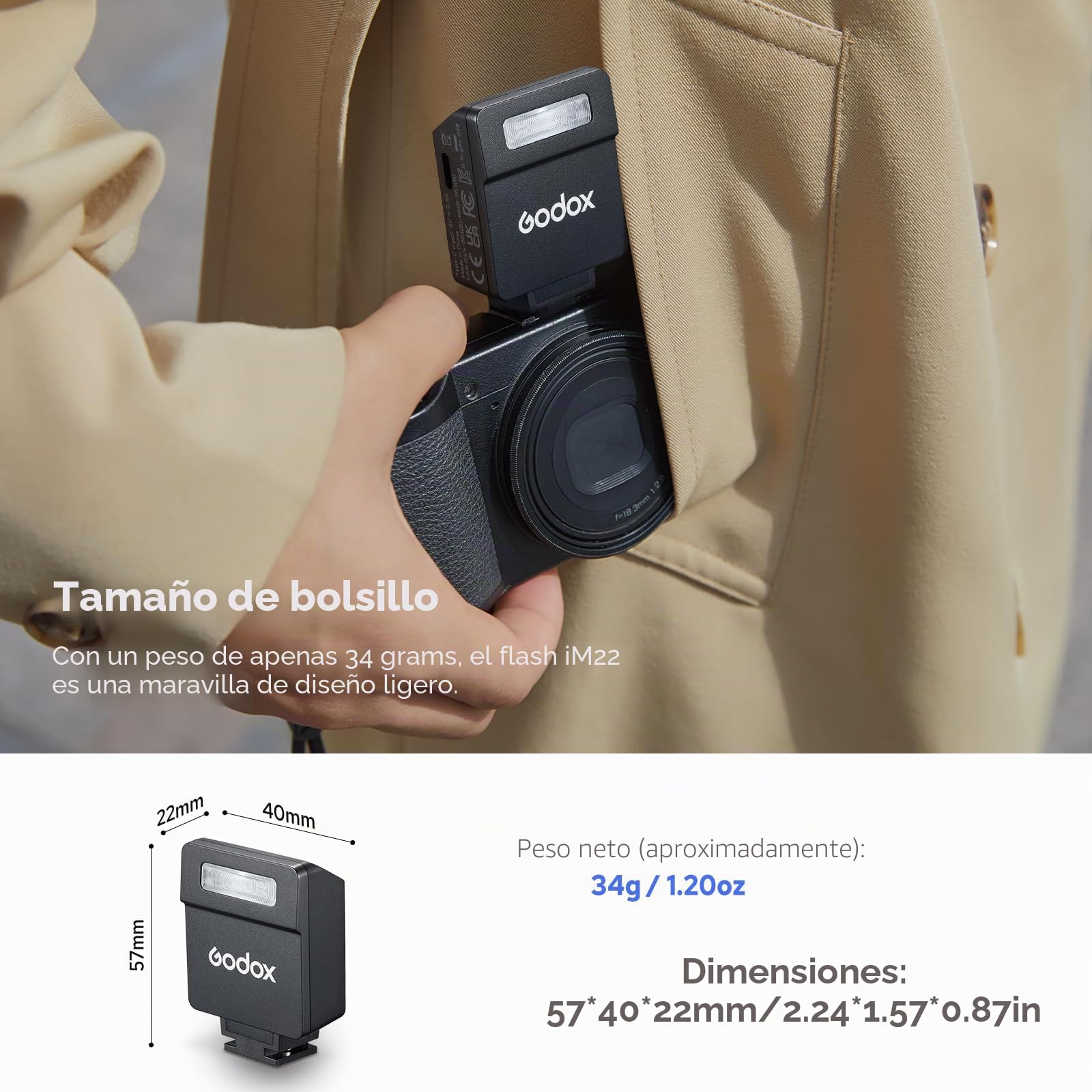 Godox iM22 - Cámara flash compacta, 5 niveles de potencia, 440 flashes de plena potencia, diseño de garra de contacto único, compatible con múltiples marcas