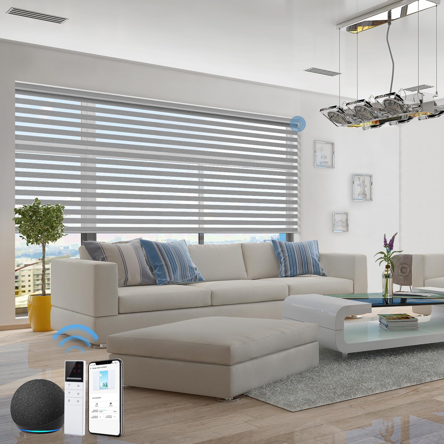 TIPIACE Hard-Wired Motorized Zebra Blinds Compatible with Alexa,Remote Control Half Blackout Thick Fabric Zebra Blinds Shades for Windows (Glacier Grey)