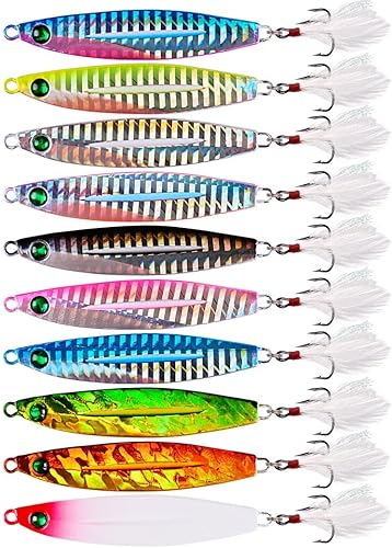 Aorace 10pcs Hard Metal Jigs Diving Sea Fishing Lures Minnow Popper Baits Tackle Crankbait Saltwater Freshwater Lures with Feather