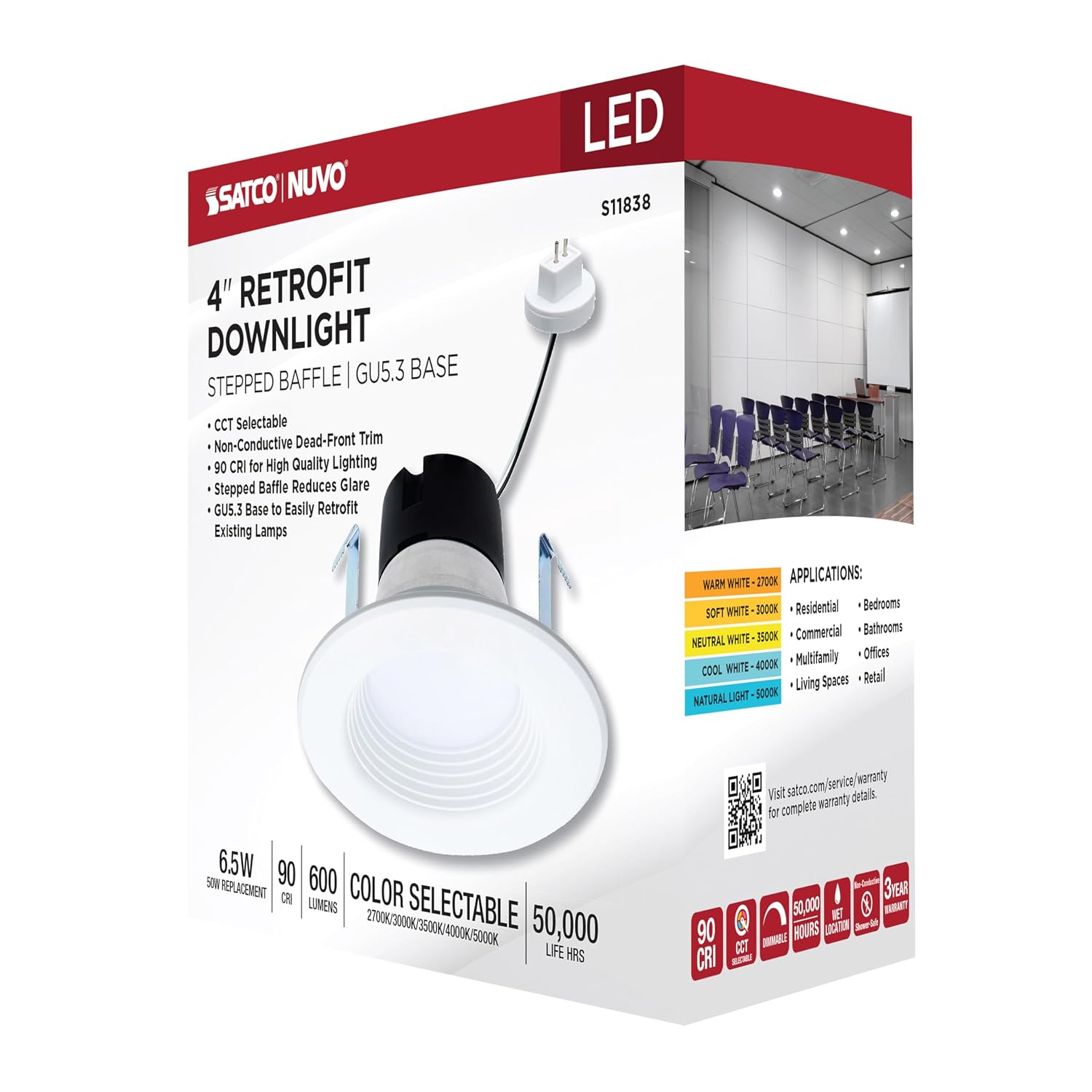 Satco S11838 12V Low Voltage 6.5W LED Downlight Retrofit, 4 in. GU5.3 Adapter, Stepped Baffle, CCT Select 2700K-5000K Warm White to Natural Light, 600 Lumens, Matte White, Dimmable, Wet Location