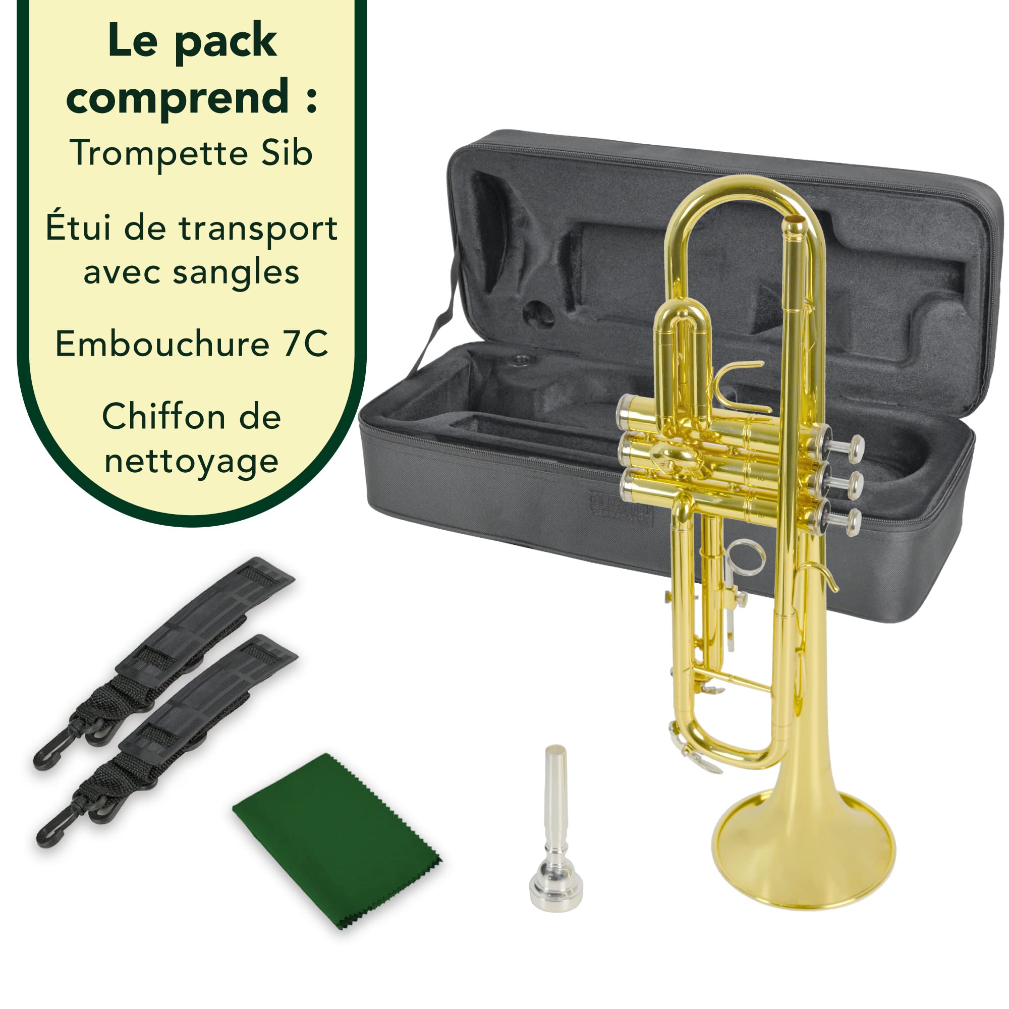 Montreux Student Bb Trompette pour débutants avec étui de protection léger, embouchure 7C - Laiton laqué, pavillon 12 cm, si bémol