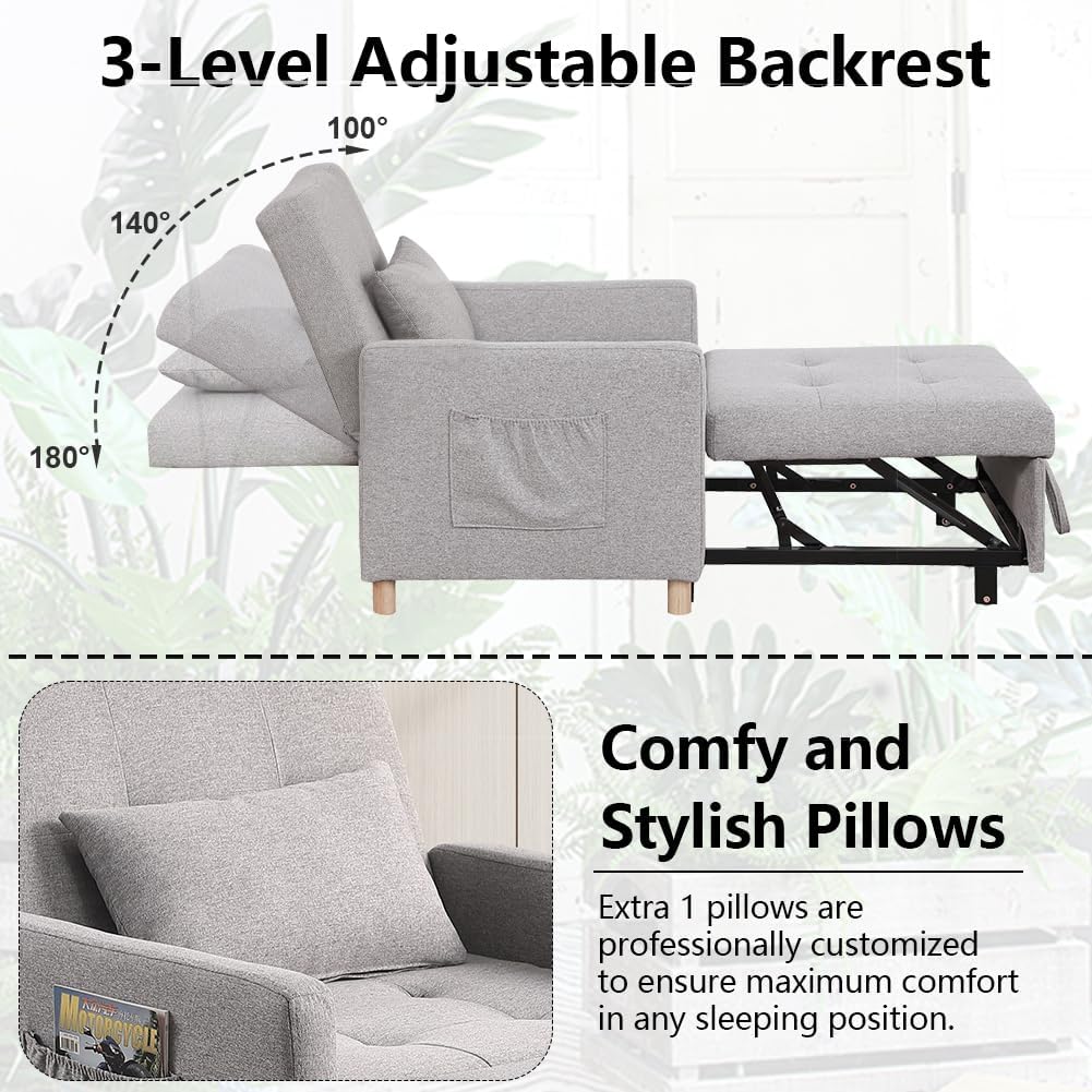 Sleeper Chair,Convertible Sleeper Sofa Chair,Pull Out Sleeper Chair with Adjustable Backrest,Multi-Functiona Lounge Chair for Living Room(Light Grey)
