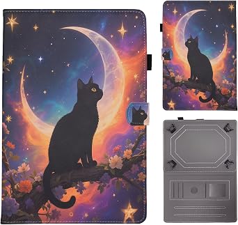 PU Leather Tab Case for Universal 10-11 Vibrant Colors & Stylish Patterns, Cover Protection, Stand, for DOOGEE Blackview Tablet 10, Moonlight Cat