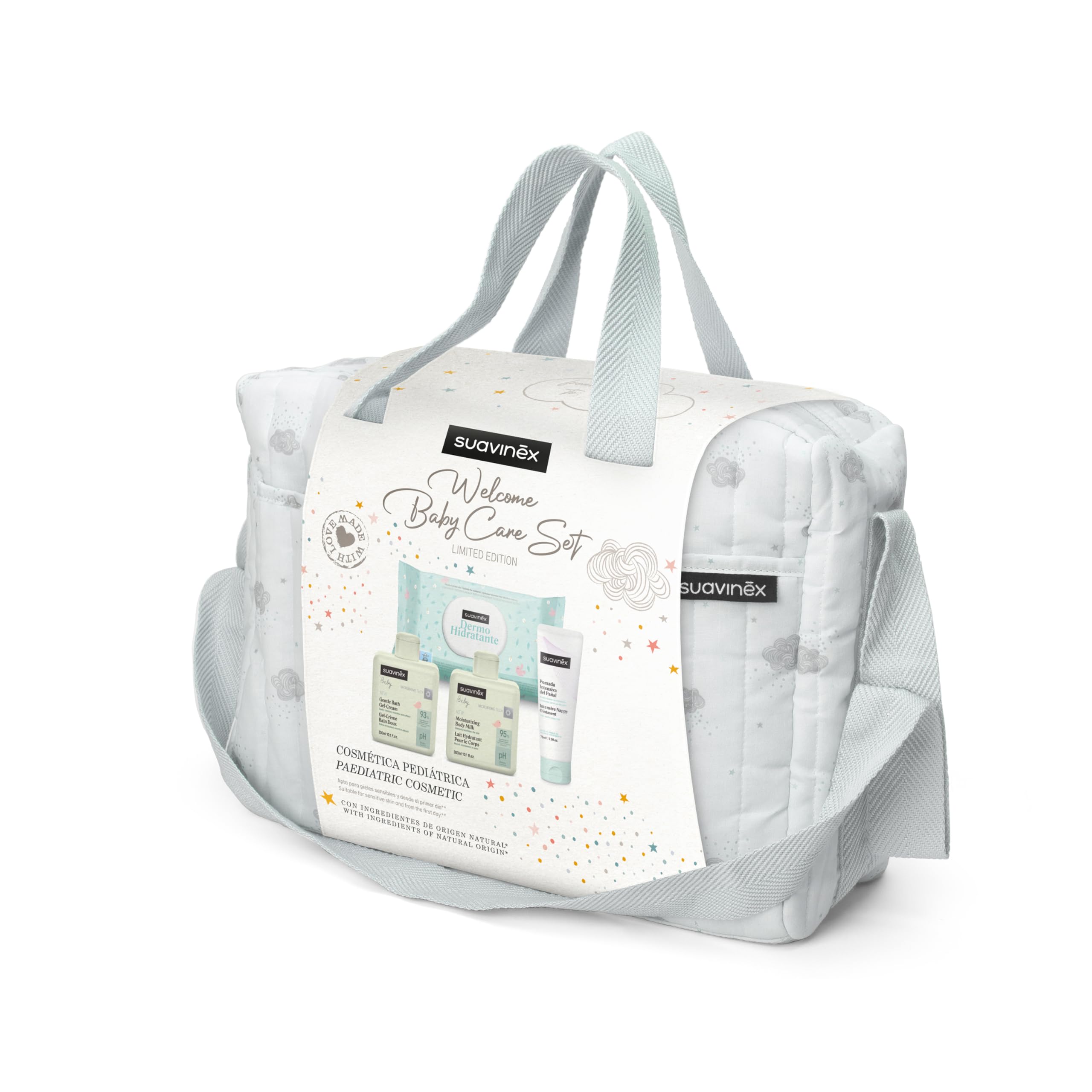 Suavinex, Sac à Langer Bébé avec Cosmétique : Gel Lavant Doux 300 ml + Lait Hydratant 300 ml + Crème de Change 75 ml + Lingettes 60 Unités. Cadeau Naissance Fille et Garçon, Panier Nouveau-Né, Bleu