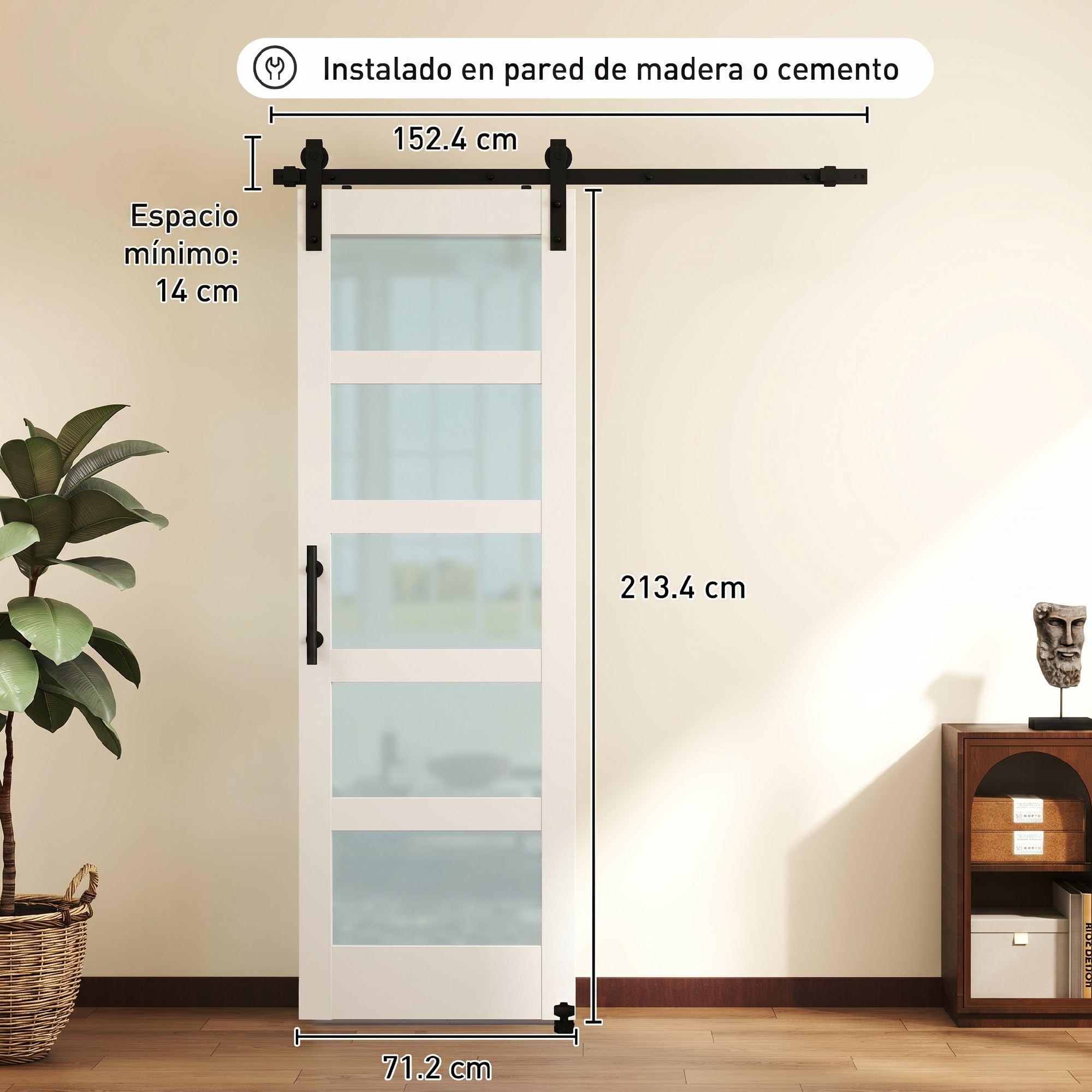 HOMCOM Puerta Corredera con Herrajes 71x213 cm Interior para Baño Blanco | MDF y Vidrio Esmerilado, Rodillo, Riel, Guía de Suelo, para Salón, Sala de Estar