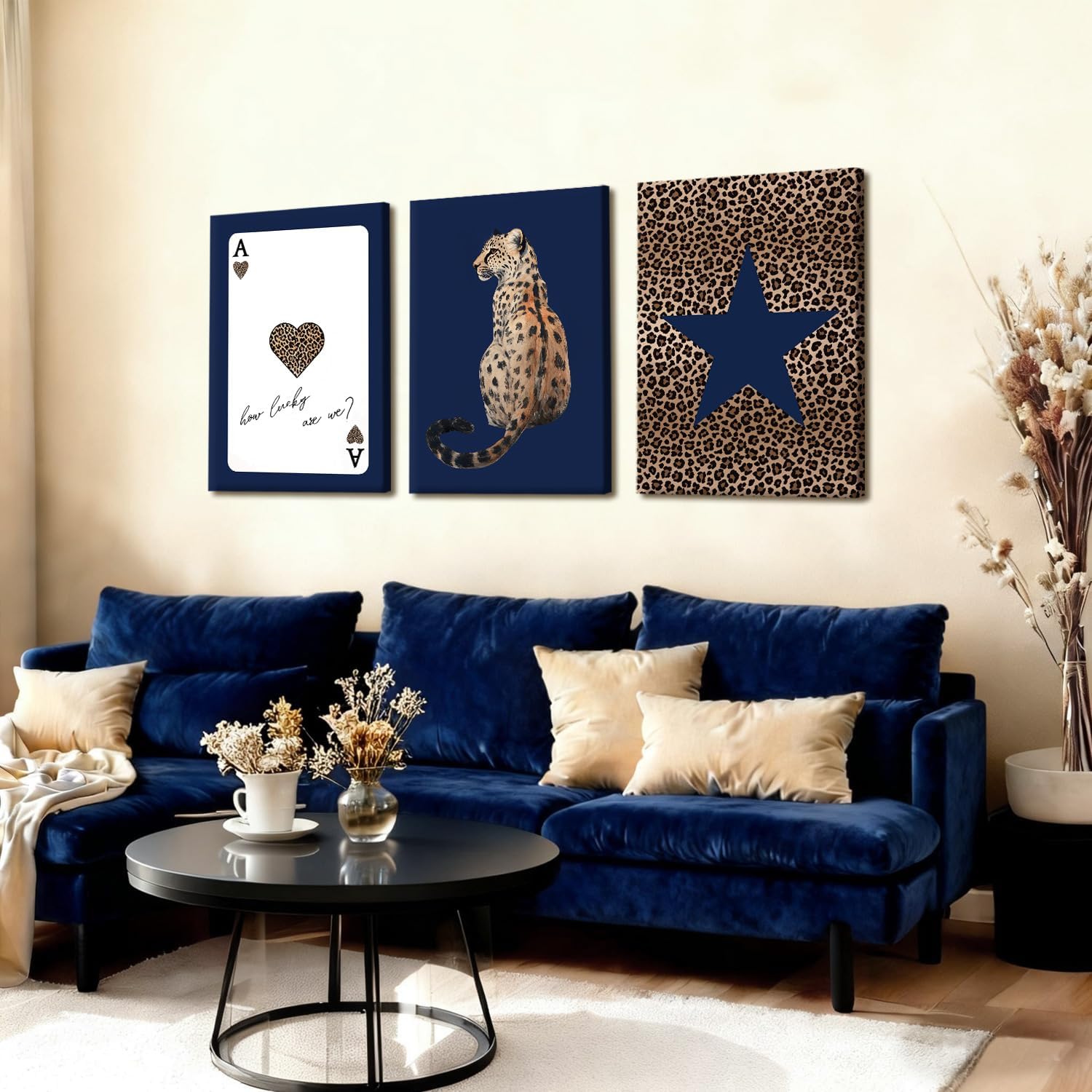 EHNTNNMA 3 pcs Navy Blue Leopard Framed Wall Art, Navy Blue Star Leopard Print Posters, Poker Ace Print Decorative Paintings, Suitable for Living Room, Bedroom and Stylish Home Wall Decoration, 12×16 inch