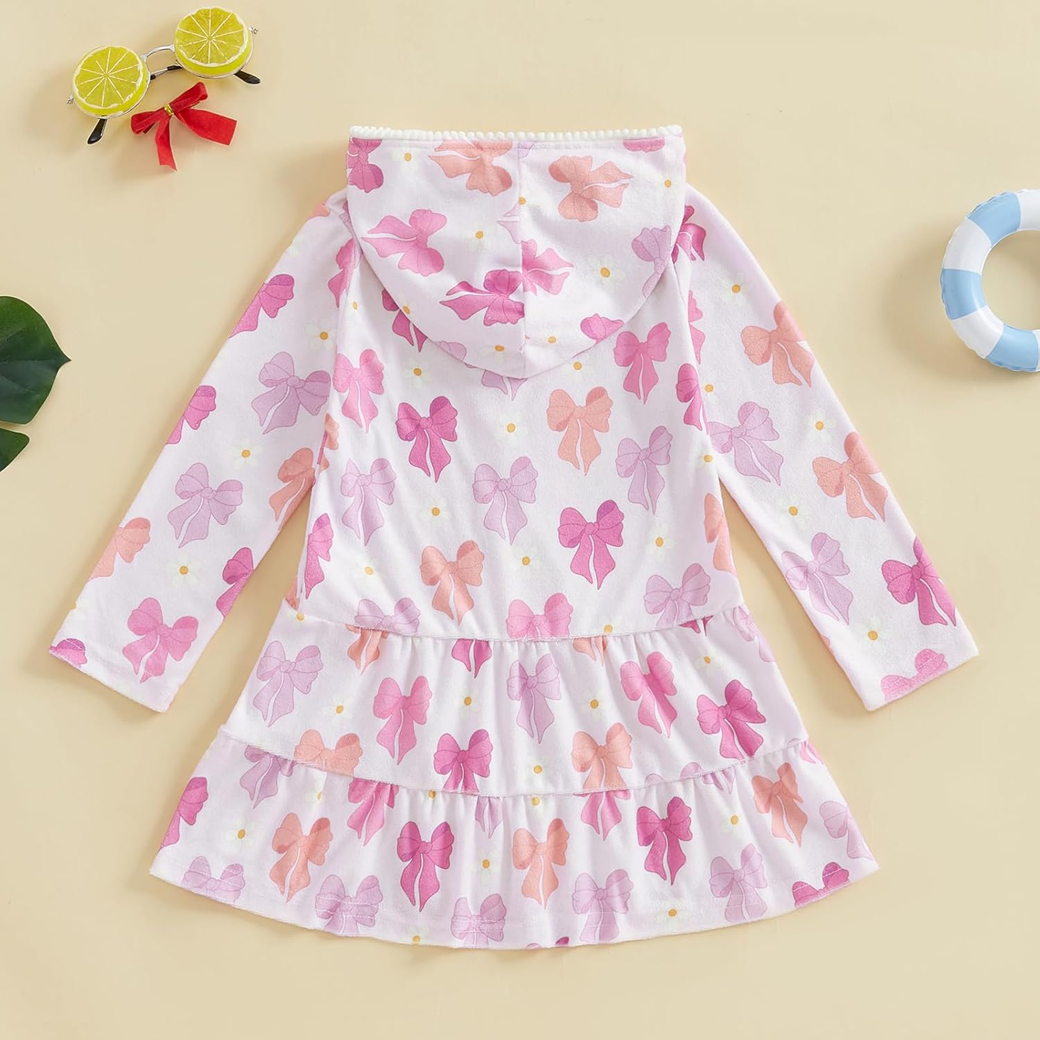 Toddler Girl Swimsuit Cover Up Kids Beach Dress Bow Print Long Sleeve Hooded Bathing Suit Towel Coverup Swimwear - Image 7