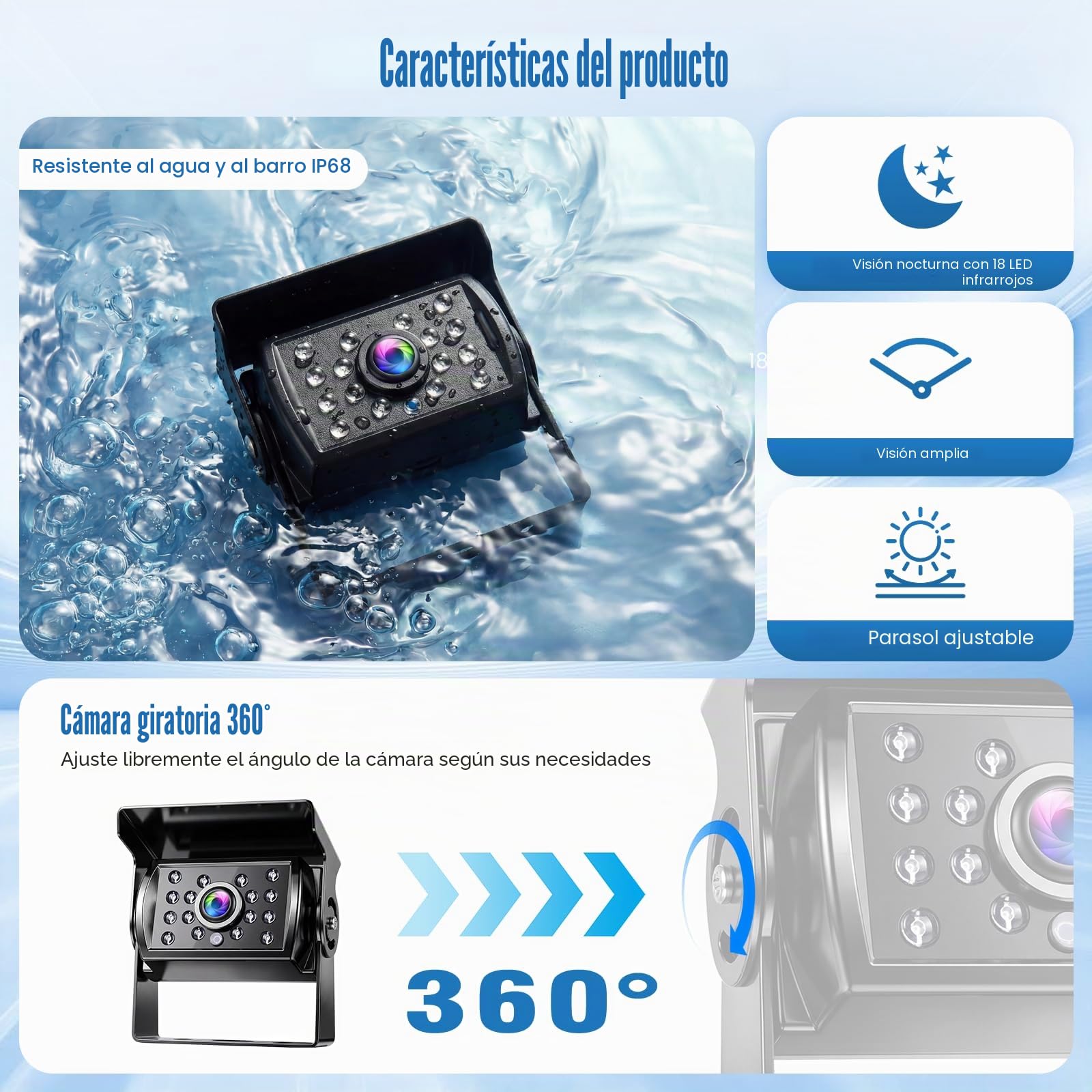 Pantalla de Marcha Atrás con 2 Cámaras, Monitor LCD de 7", Impermeable, Visión Nocturna, Cámara de Seguridad Set con Cable 15M/10M para Coche Camiones, Autocaravanas, Caravanas y Remolques