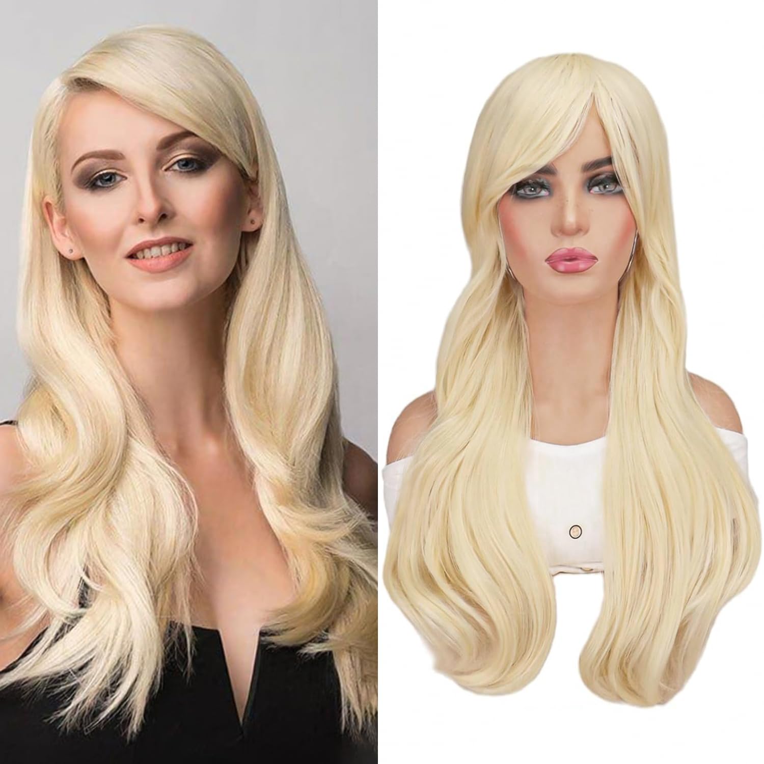 YEESHEDO Women's 28" 70 cm Cosplay Wig Long Wavy Curly Hair Ends with Bangs Wigs for Girls Heat Resistant Synthetic Wig for Party Costume Anime Halloween (Light Blonde)