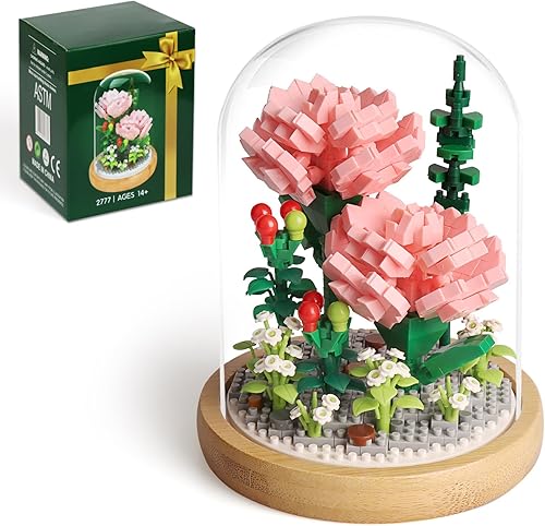 Juegos de construcción de ramos de flores, colección botánica de árbol bonsái de rosas rosadas con vitrina, mini kits de regalo para adultos,