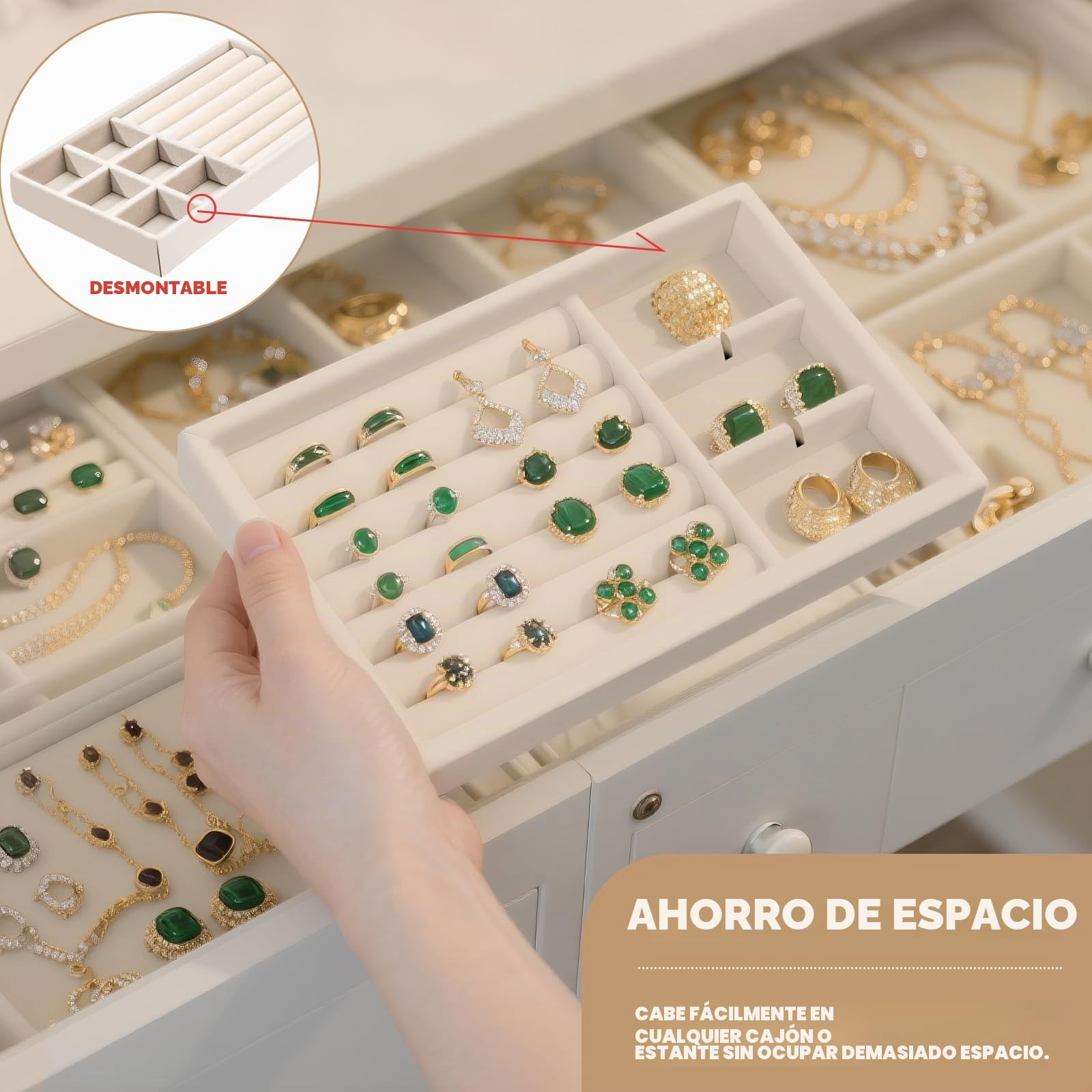 Lote de 8 bandejas organizadoras para joyas de terciopelo apilables – Almacenamiento de joyas con cajón organizador con bandeja para almacenamiento de joyas para anillo, collar/pulsera