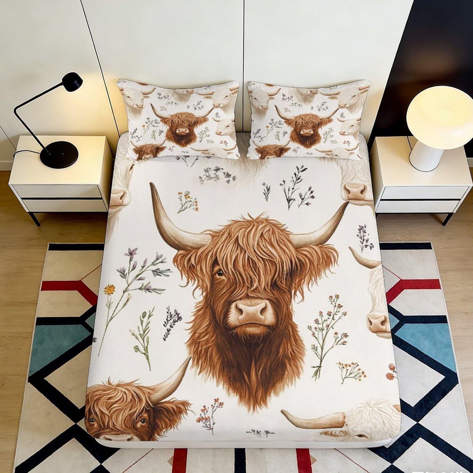3D Printed Highland Cow Fitted Sheet Microfiber Deep Pocket Non-Slip Highland Cow Mattress Fitted Cover Breathable 160x200x25cm