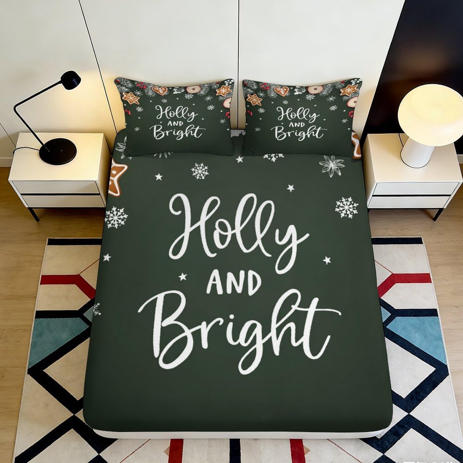 3D Printed Holly and Bright Fitted Sheet Microfiber Soft Breathable Snowflake Bed Cover for Bedroom Dormitory Guest Room Mattress Protection 200x200x25cm