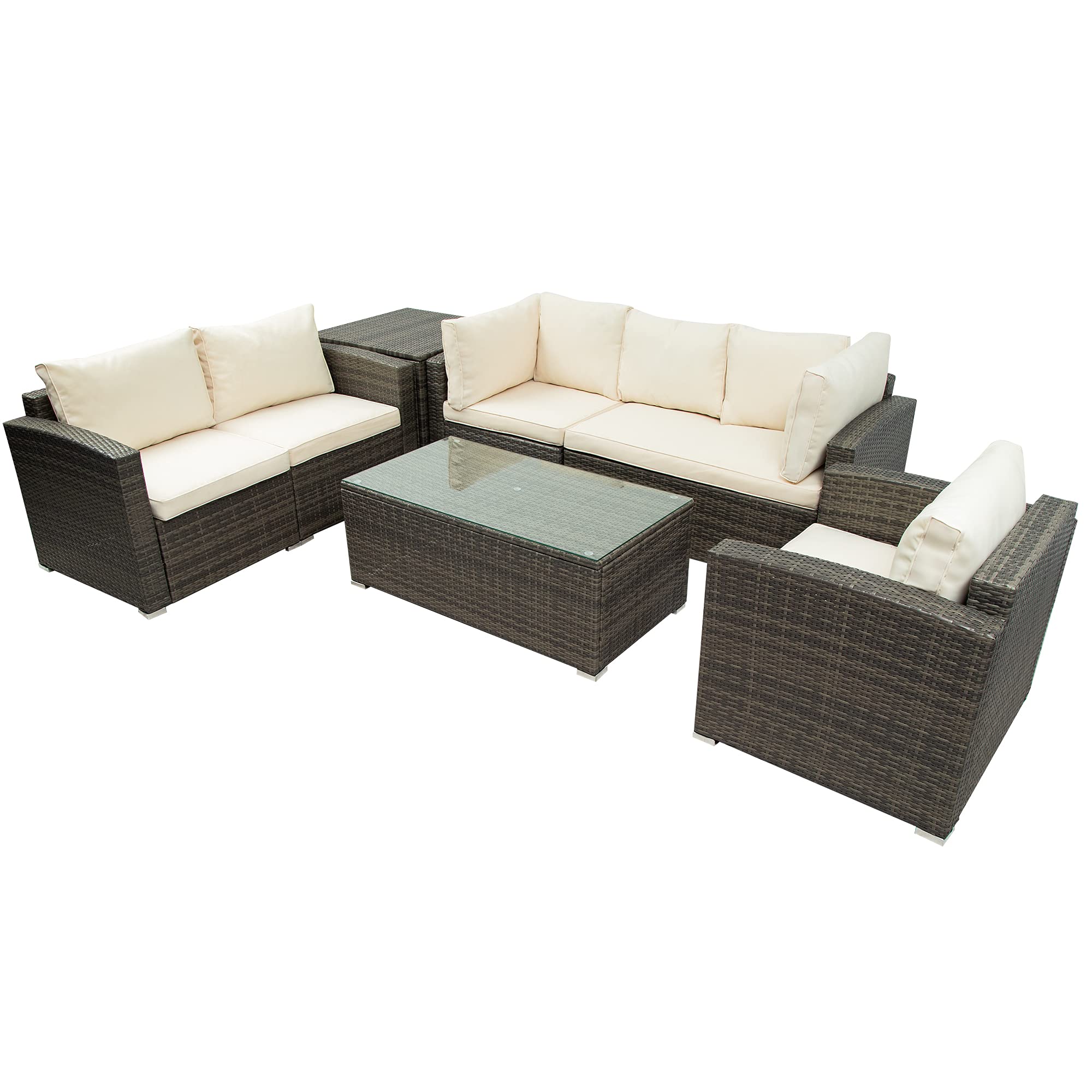 BIADNBZ 7-Piece Patio Furniture Sets with Glass Table and Large Storage Box, Rattan Wicker Outdoor Conversation Sectional Sofa Couch for Garden Backyard, Beige