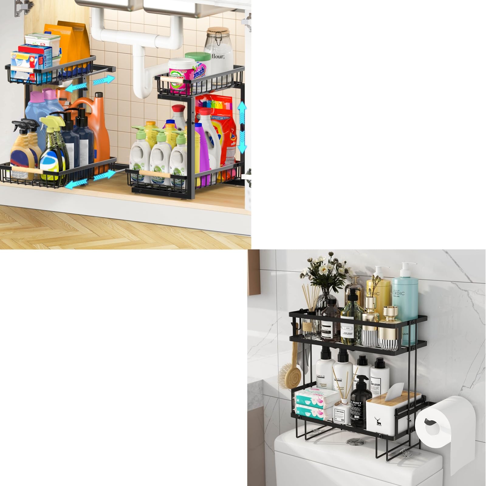 Godboat Bathroom Organizers and Storage, 2-Tier Over Toilet Storage, 2 Pack Under Sink Organizer, Metal Pull Out Cabinet Organizer, 2-Tier Slide Out Sink Shelf Storage Drawers