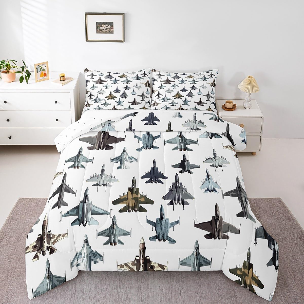 Erosebridal Fighter Aircraft Twin Comforter Set for Kids Boys, Camouflage Military Jet Print Bedding Set for Youth Men, Army Fighter Jet Bedding Comforter Sets, Modern Flying Airplane Bed Sets