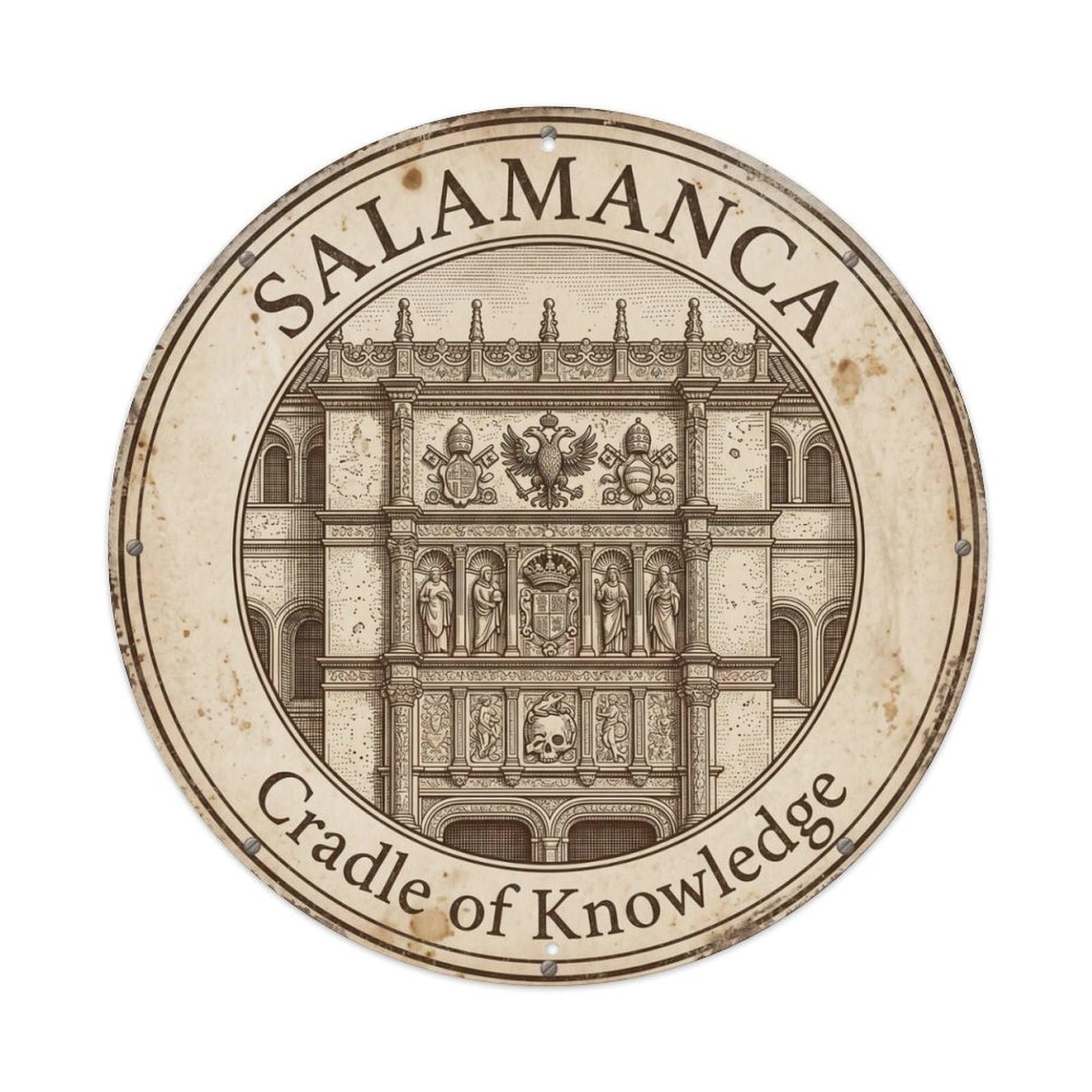 Fqcyn Style Vintage Travel Salamanca University Historic Metal Tin Sign Plaque Wall Decor For Cafe, Club Bar, Office, Home Garden Round Metal Poster 8X8inch