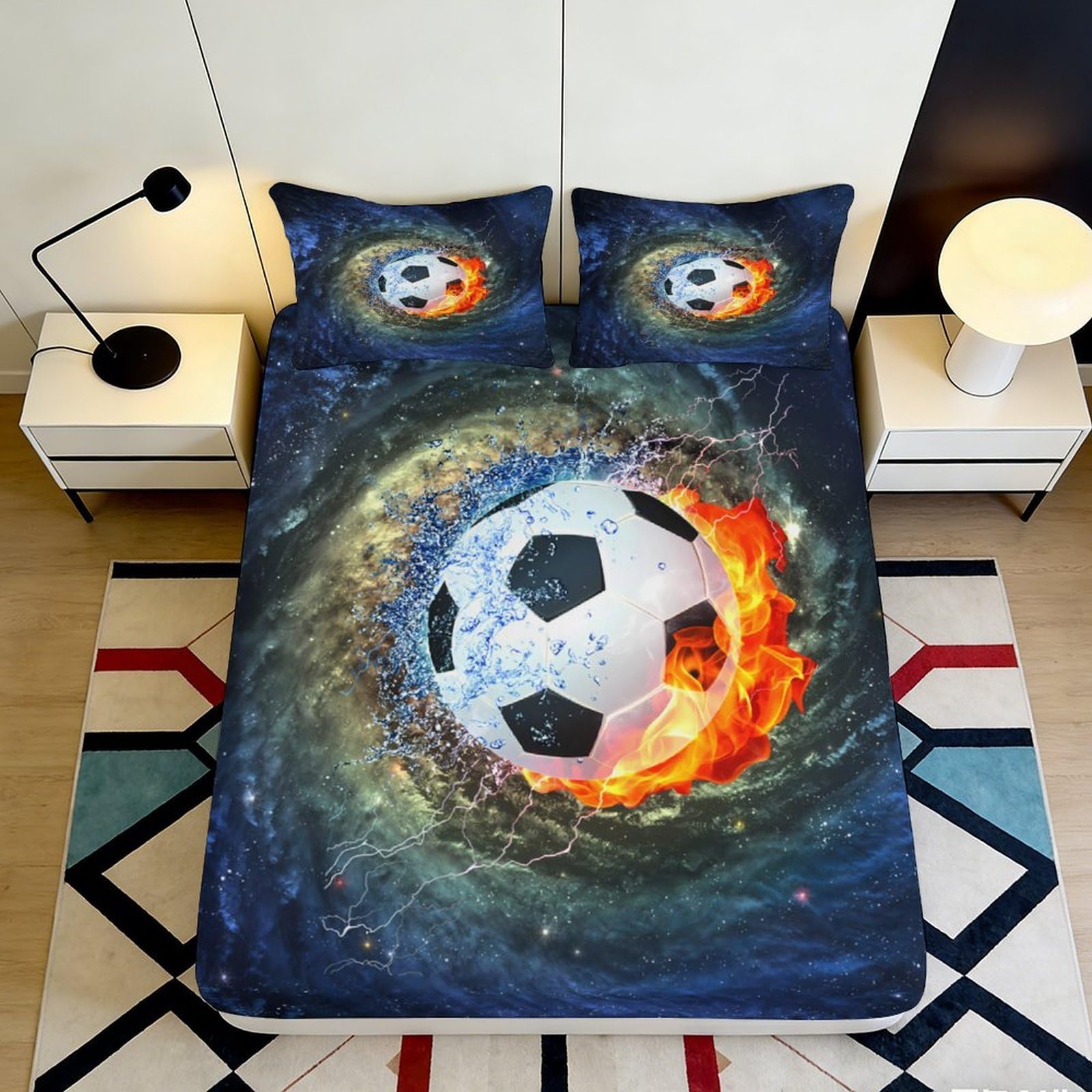 Pnayamiorkfel Style-6 3D Printed Fire Soccer Fitted Sheet Microfiber Modern Water Splash Bed Cover For Bedroom Dorm Mattress Decor 90X200x25cm