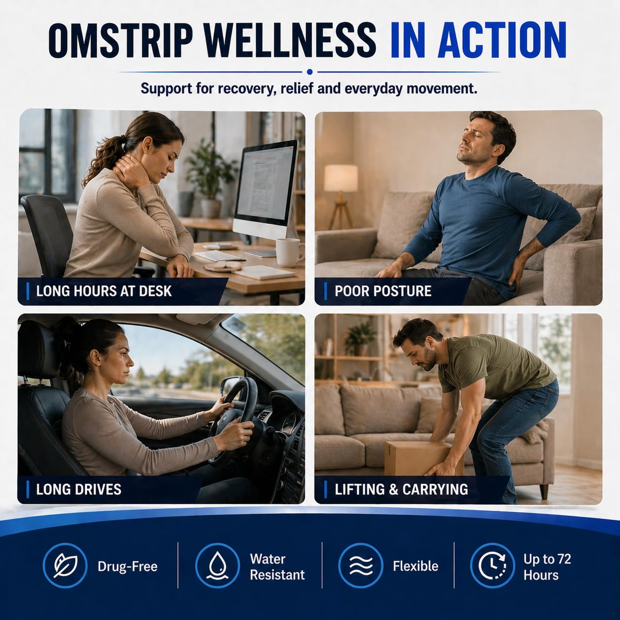 Omstrip Wellness Cerotti Bioattivi (8 Pezzi), Sollievo Naturale Drug-Free di 72 Ore per Dolori Muscolari, Tensione e Benessere Quotidiano, Cerotto Kinesiologico con FIR e Tecnologia F7 Brevettata