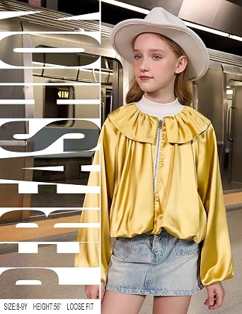 Perfashion Girls Satin Bomber Jacket Zip Up Oversized Cropped Coat