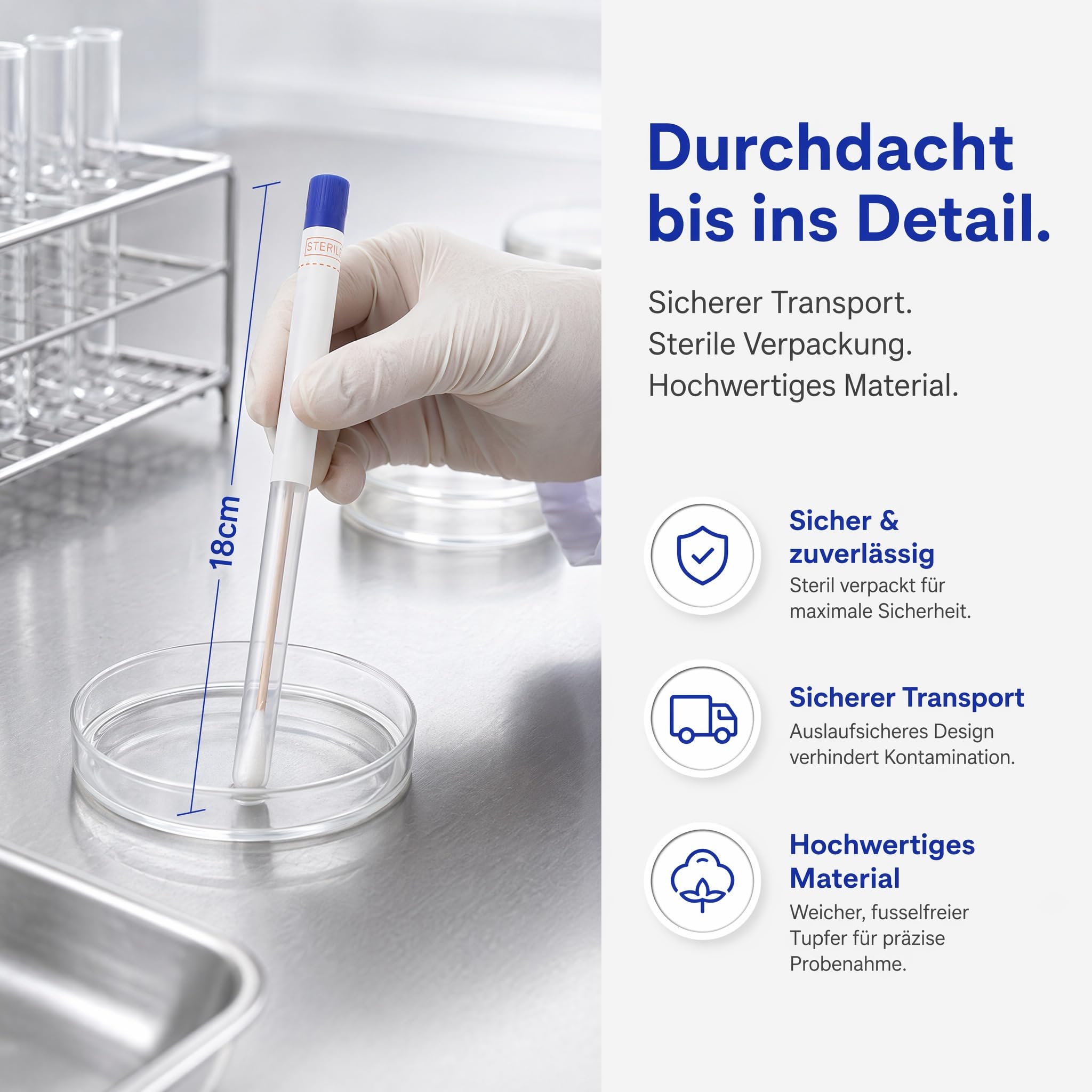 iplusmile Abstrichtupfer Steril mit Röhrchen 150 Stück, Einzeln Verpackte Abstrichstäbchen für Proben, 18 cm Tupfer zur Oberflächenprüfung