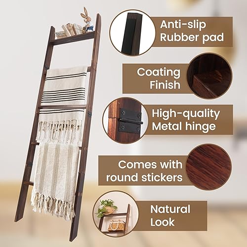 Miniatura 74 de Escalera para mantas, soporte de edredón de madera de 6 niveles, estante decorativo para escalera, estante inclinado, estante de almacenamiento