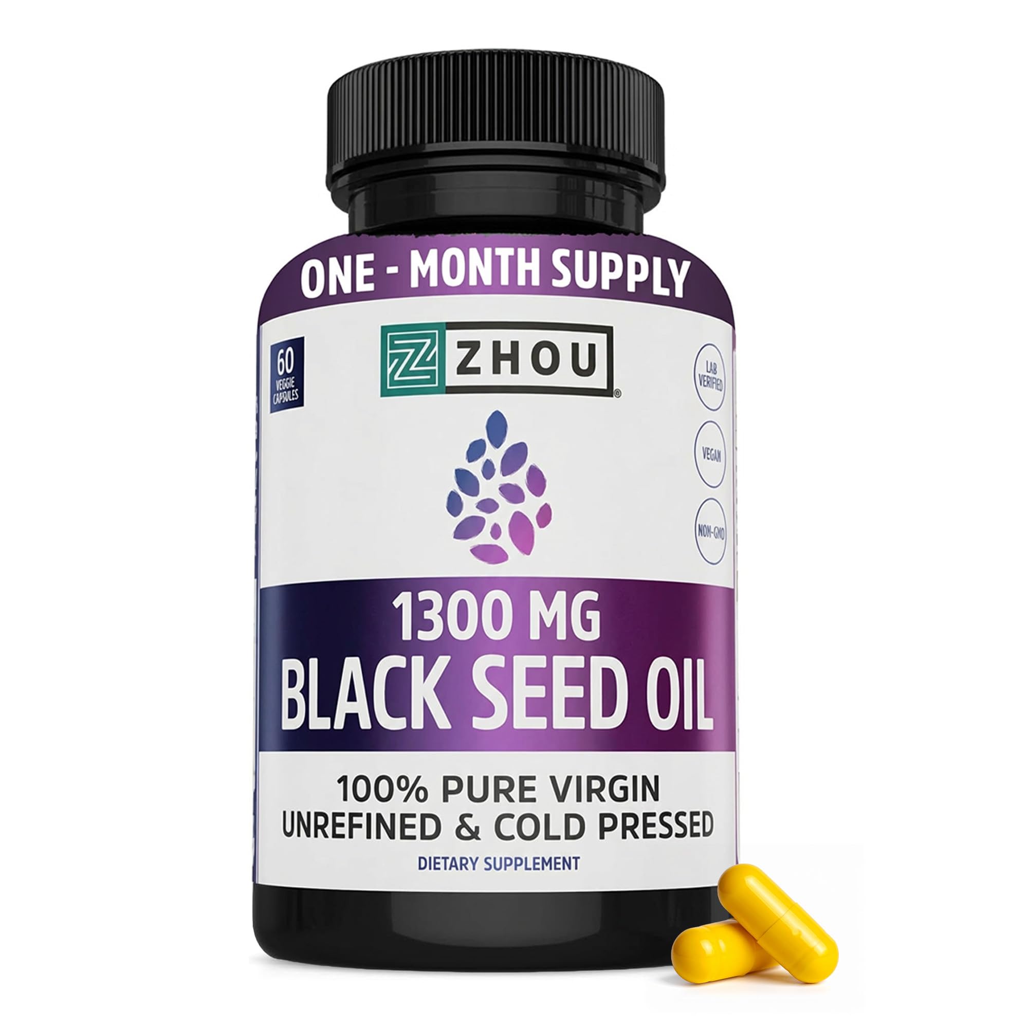 ZHOU Black Seed Oil Capsules - Black Cumin Seed Oil Cold Pressed, Nigella Sativa, Pure Unrefined Blackseed, Premium Supplement for Health, Hair & Skin w/Thymoquinone - 60 Capsules (Pack of 1)