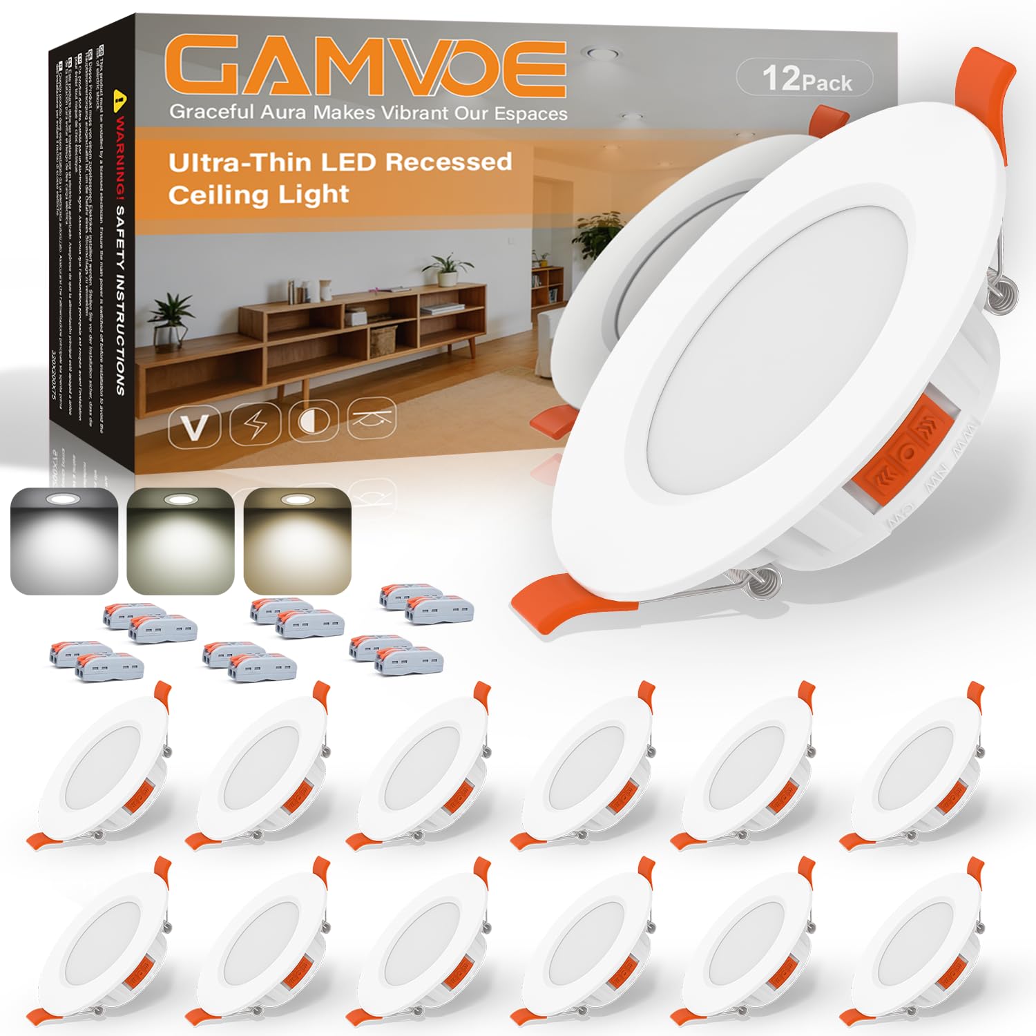 Downlights for Ceiling,GAMVOE Recessed Ceiling Light 6W 3CCT 2700K/4000K/6000K Adjustable,LED Bathroom Spotlight Cut Diameter 67-99mm NON Dimmable Ultra Slim Downlight for Kitchen,Living Room(12Pack)