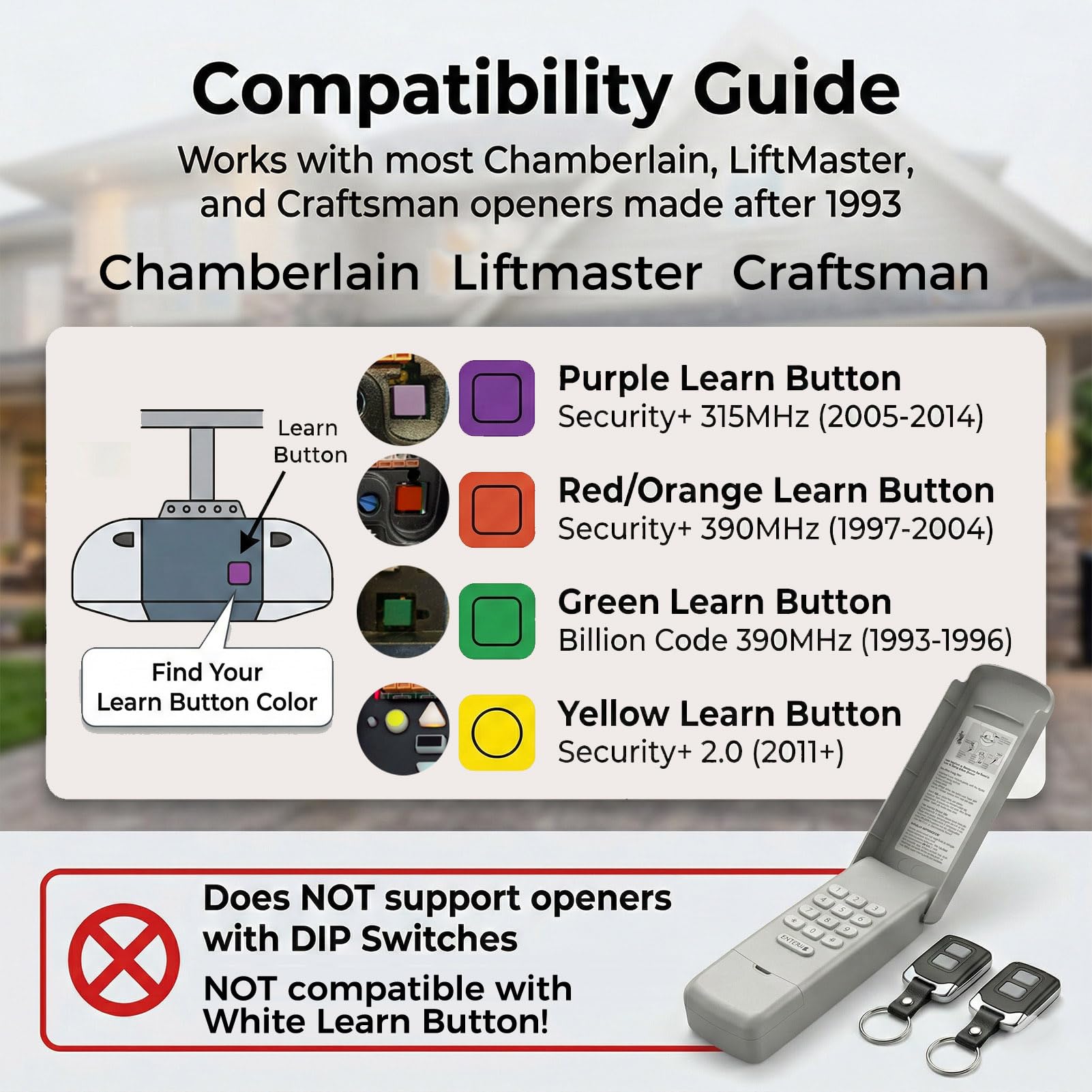 3-in-1 Universal Garage Door Opener Keypad with 2 Keychain Remote Compatible with Liftmaster Chamberlain Craftsman with Yellow Purple Red Orange Green Learn Button Replaces 877MAX 878MAX 893MAX 973LM — view 2