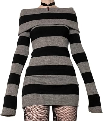 Aopwsrlyi Womens Stripped Long Sleeve Sweater Dress Y2K Off Shoulder Slash Neck Knit Bodycon Mini Dress