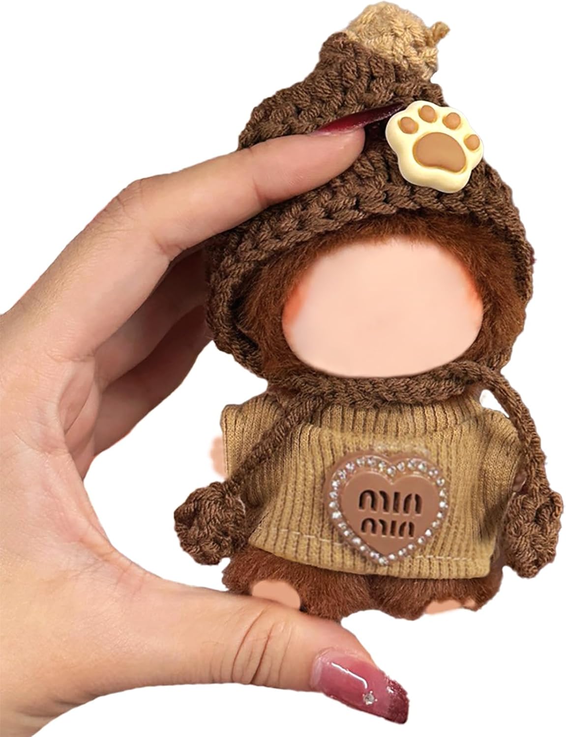 Pin for Love Series 10cm Doll Clothes Set - Hand-Crocheted Hat & Knitted Sweater Outfit with Heart Design, Designer Brown Clothing and Accessories for Mini 4inch（V4） Plush Doll Dress-Up