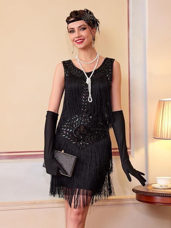 RRYIO 1920s Flapper Dresses for Women,Lace V Neck Great Gatsby Dresses Fringed Roaring 20s (Black, M) by RRYIO - Used condition - US$24.71