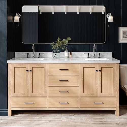 ARIEL Cambridge 72-inch Bathroom Vanity with Sink,Solid Wood, 1.5-inch Italian Carrara Marble Countertop, Double Rectangular Porcelain Sink, 4 Soft Closing Doors, 6 Dovetail Drawers, White Oak