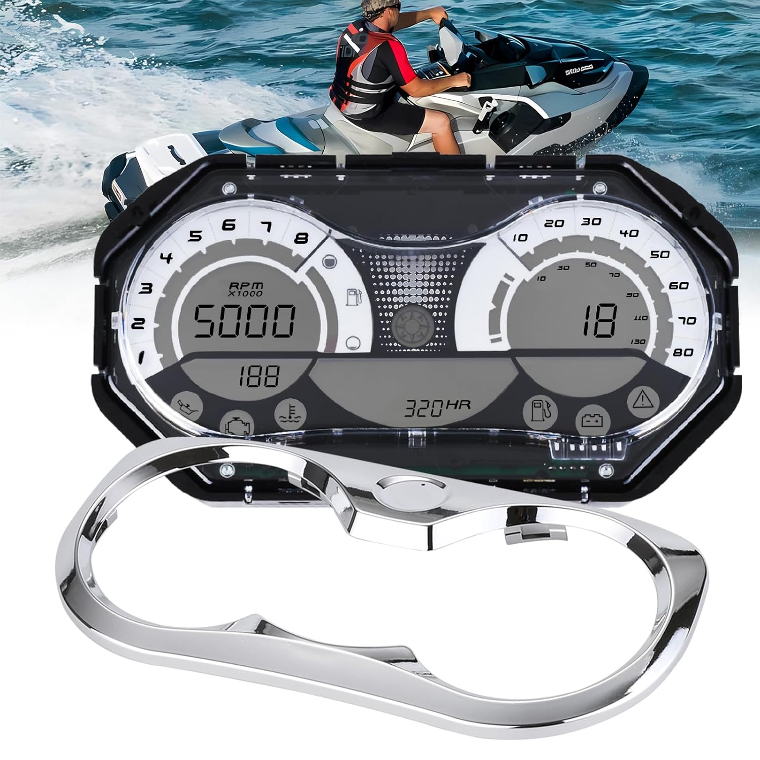 278002270 LCD Digital Jet Ski Speedometer Compatible with 2006-2011 Sea Doo GTX/RXP/RXT/Wake, Digital Gauge Cluster Kit with Chrome Bezel, Replacement Part Number# 278002144, Black