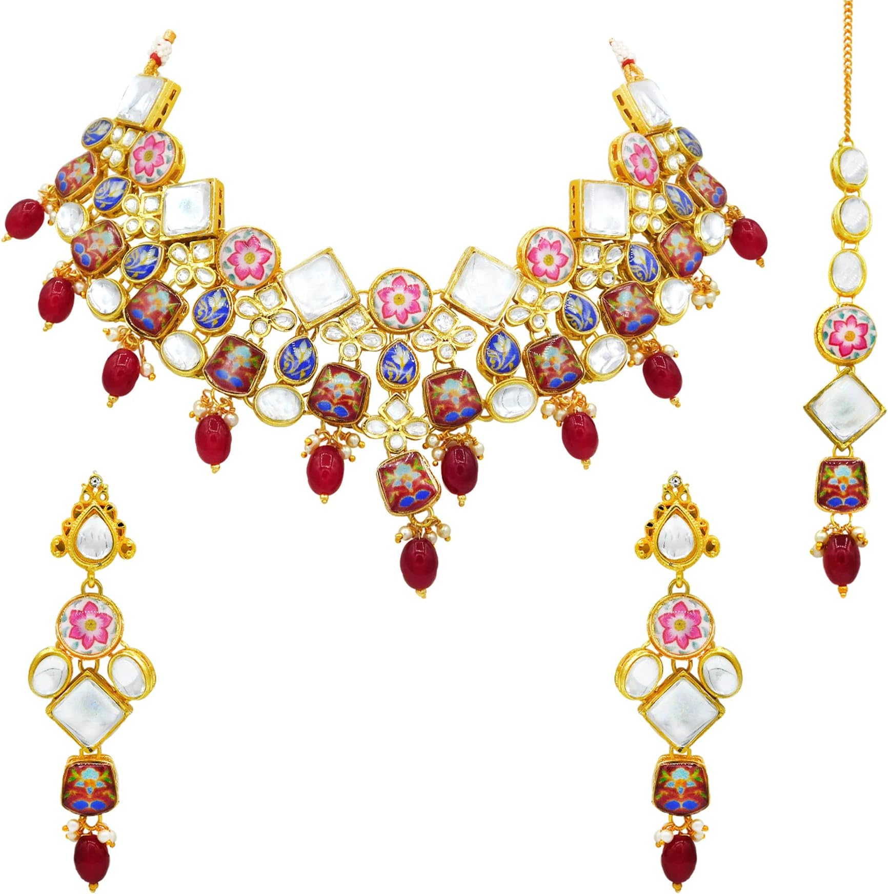 SujwelGold Plated Kundan Stones & Pearl Beads Studded Lamination Floral Design Choker Necklace Set For Women