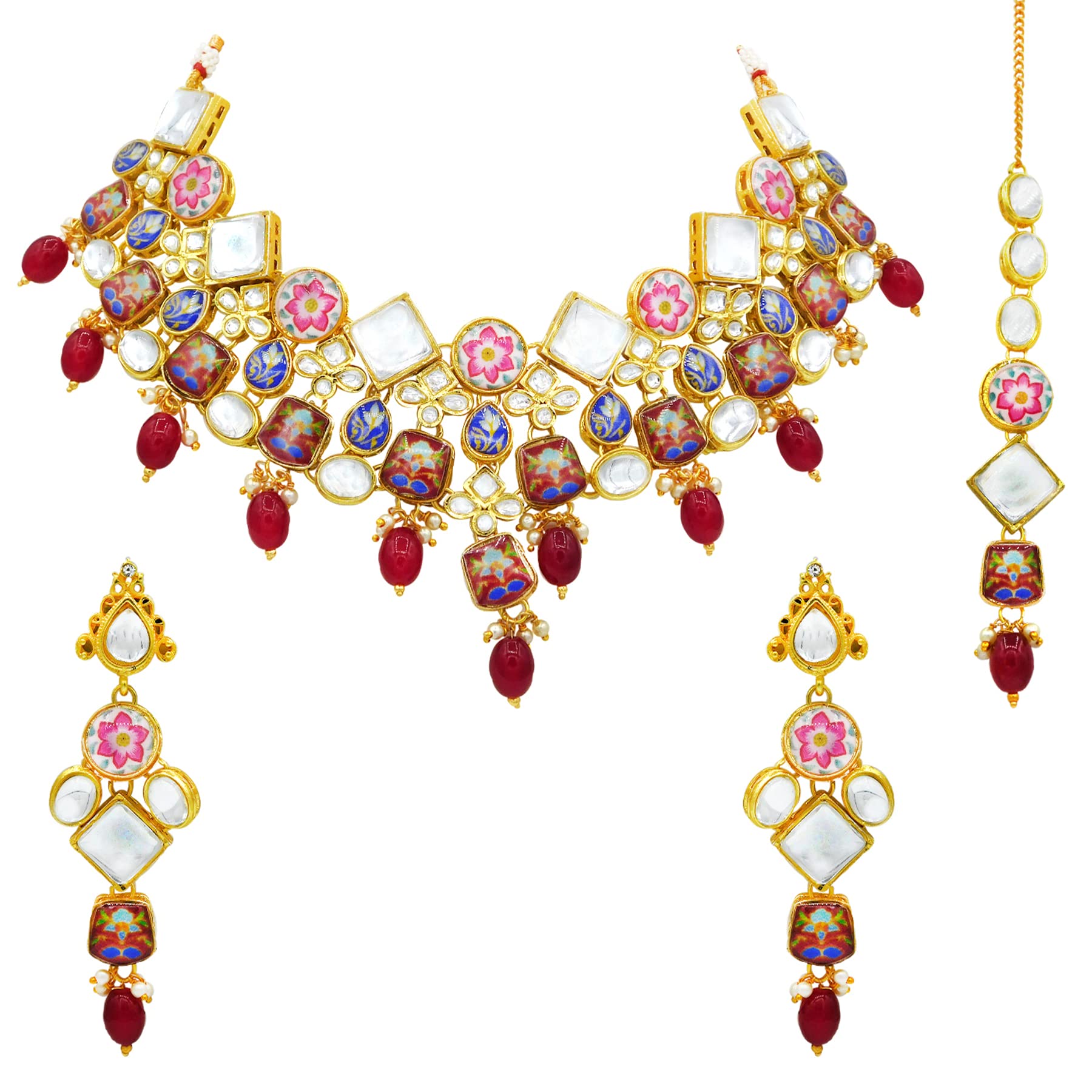 SujwelGold Plated Kundan Stones & Pearl Beads Studded Lamination Floral Design Choker Necklace Set For Women