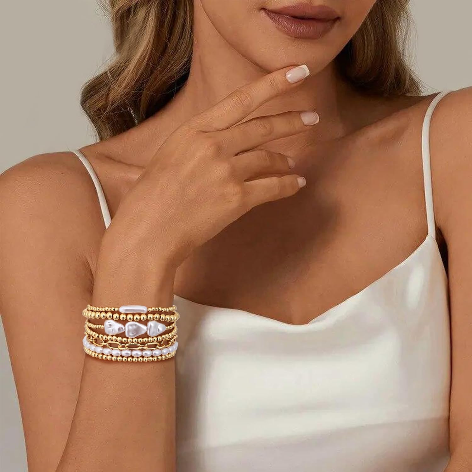 Gold Plated Beaded Bracelets for Women Trendy, 14K Gold Plated Stack Cross Pearl Gold Plated Bead Stretch Bracelets Set Elastic Hypoallergenic Bracelets Jewelry Gifts - Image 4