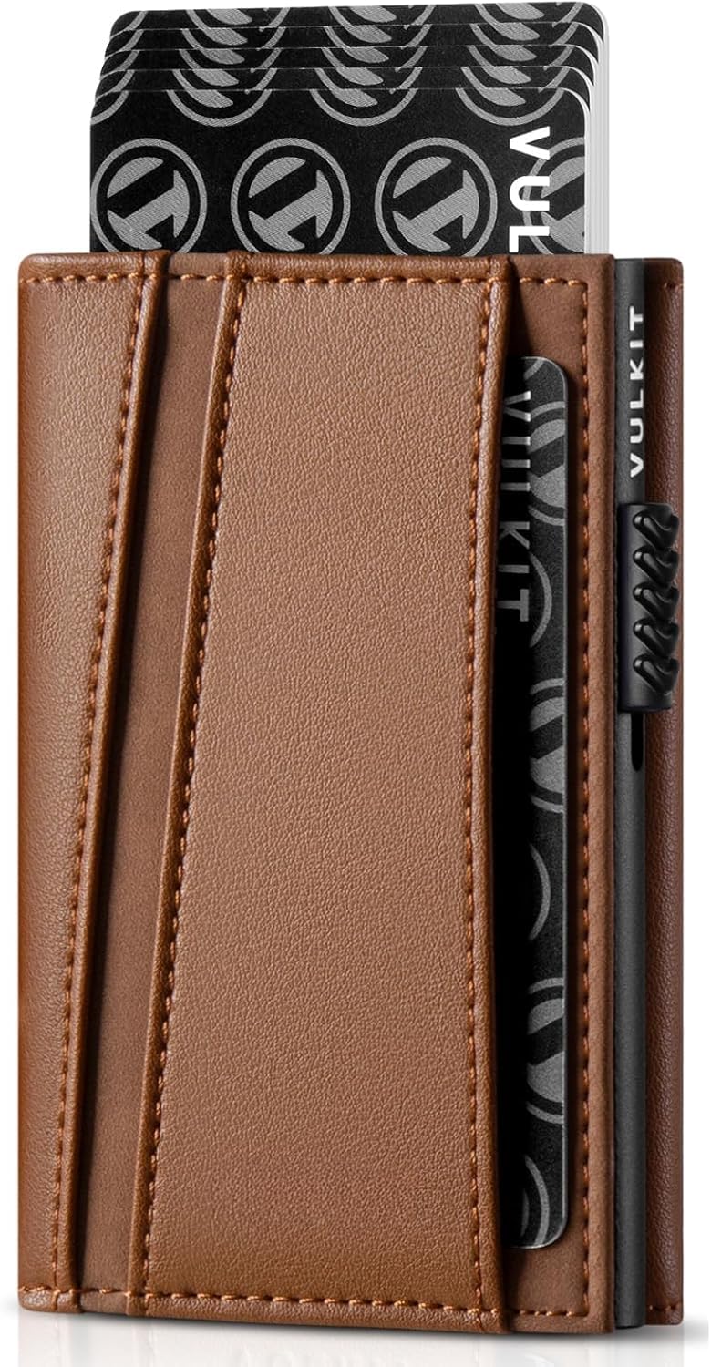 Plinvo Real Leather Pop Up Card Holder Minimalist Wallet Metal Card Case RFID Blocking with Coin Purse and Key Hole for Men (Brown)