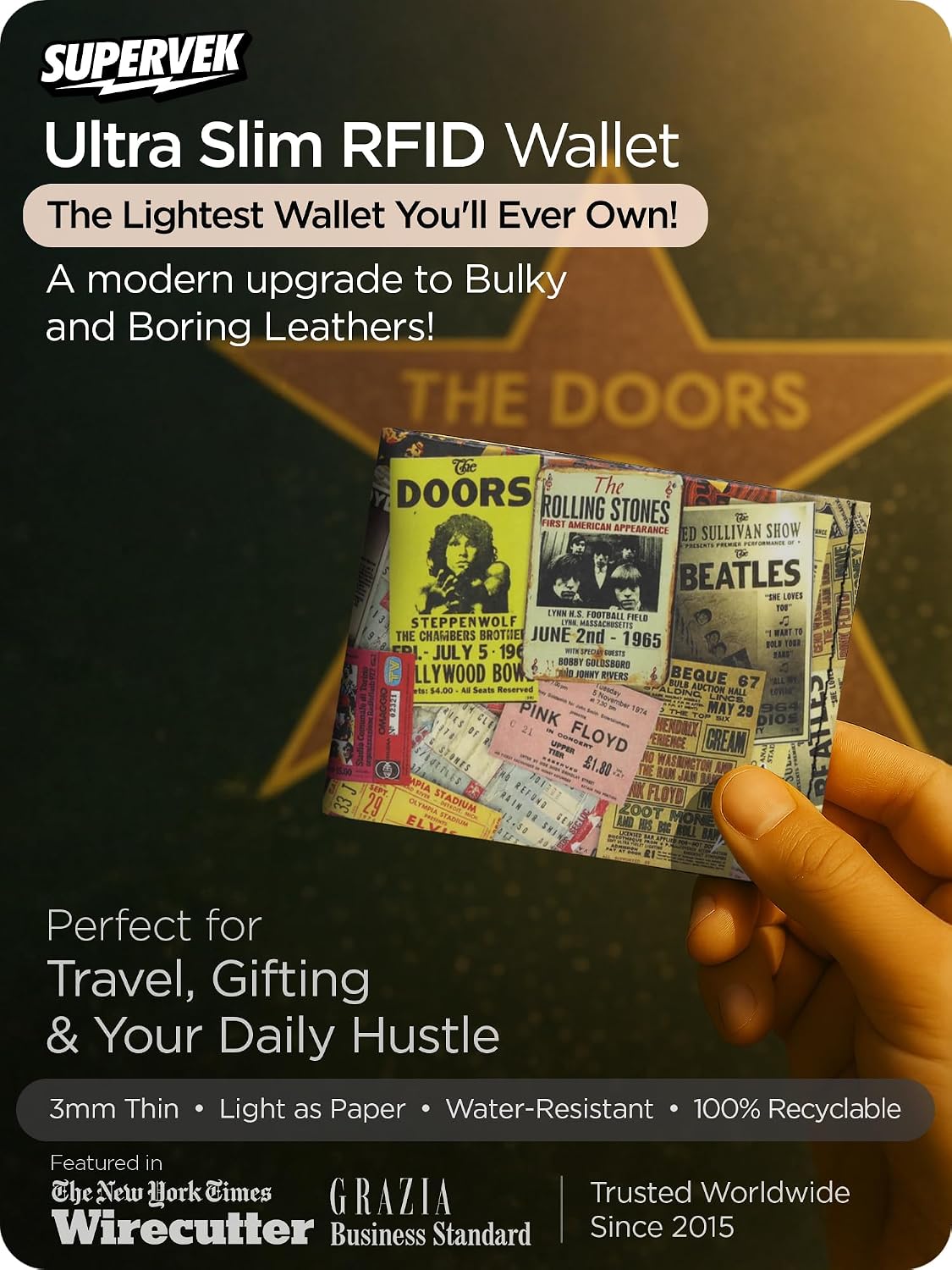 SUPERVEK Slim Wallet For Men | Vegan, Mighty Thin, Tear & Water-Resistant Slim Wallet for Men | Stitched Paper Wallet | Streetwear Bifold Wallets | RFID Blocking Wallet | Rock Concert Tickets Design