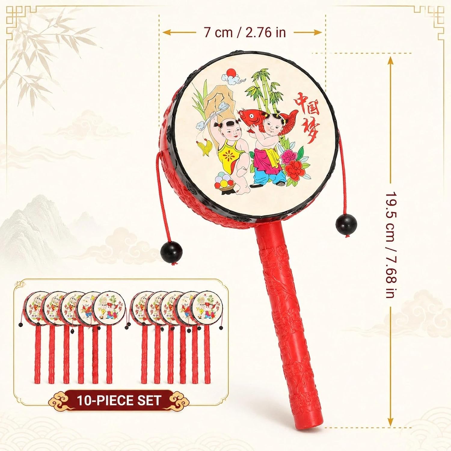 LOGOFUN 10 Pcs Monkey Drum Spinning Drum Chinese Traditional Percussion Instrument for Kids (Red)
