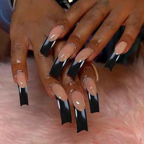 Black French Tips Press on Nails Long Fake Nails with Solid Color Design Curved 