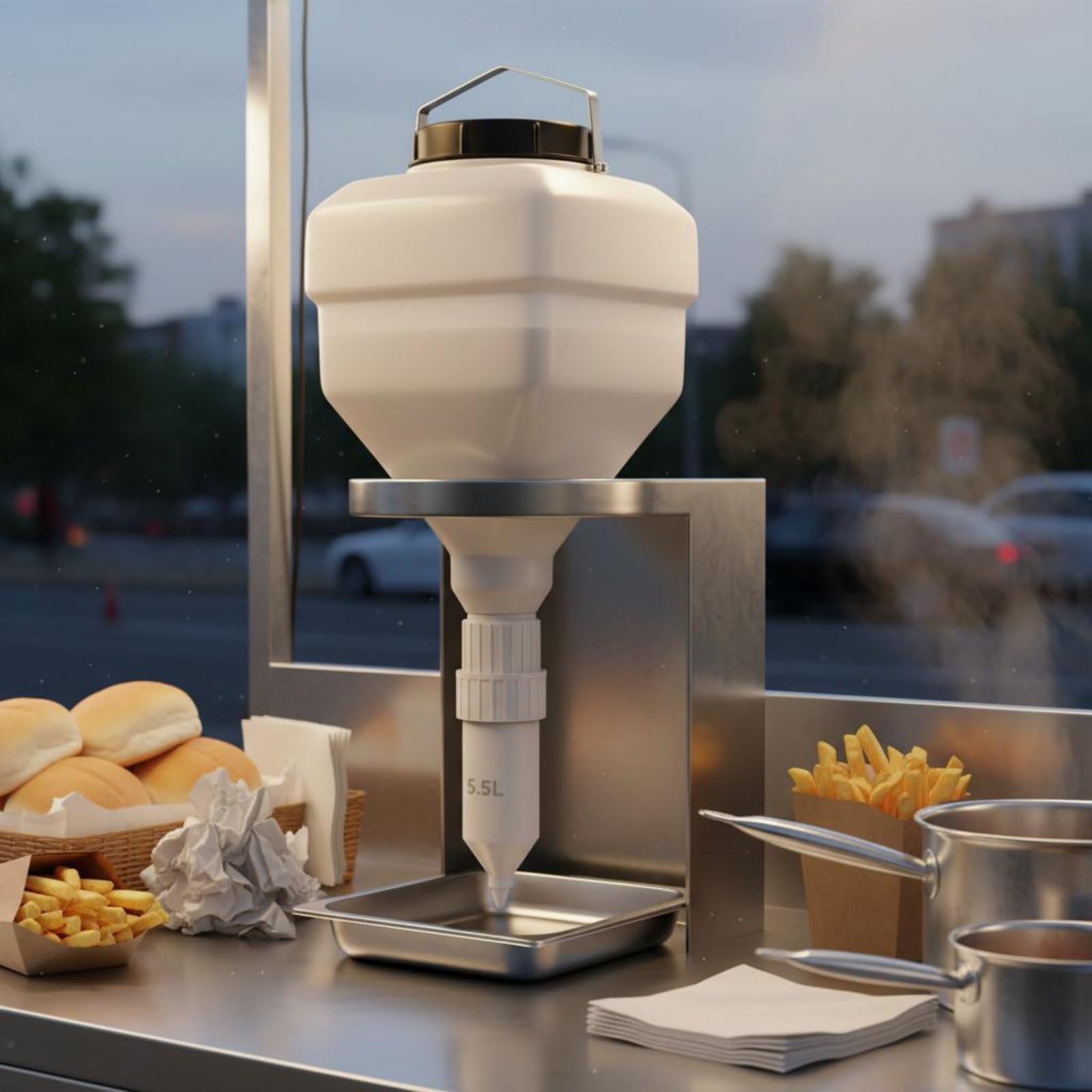 Dispenser di Salse con Porzionatore Preciso Struttura Durevole in Plastica E Metallo Design Sospeso per Ordine Sul Banco Lavoro Adatto a Ristorazione, Barile Quadrato 5,5L