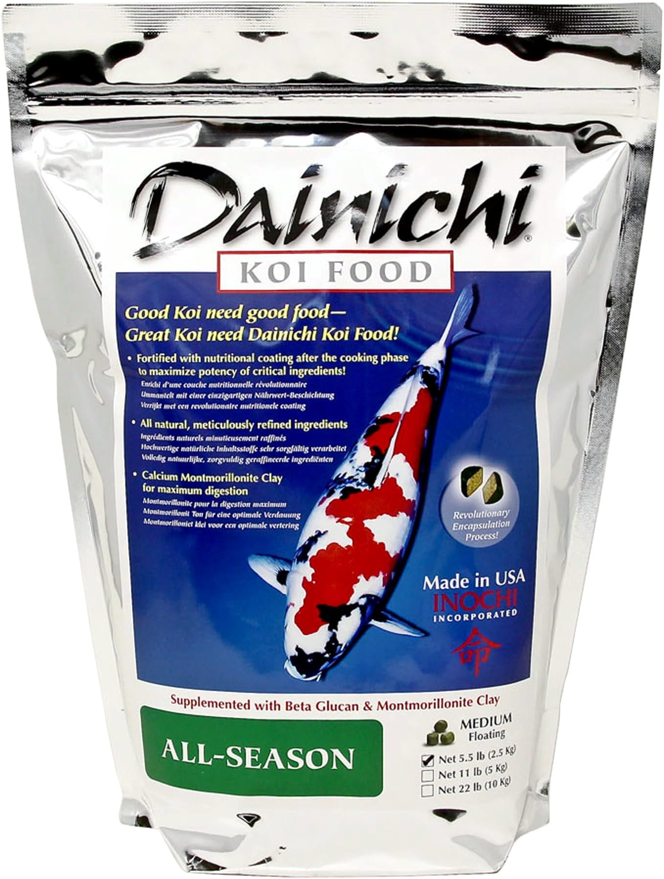 Koi Fish Food, All-Season 5.5 lb Bag – Medium Floating Pellets (5.5 mm) for Koi, Goldfish and Pond Fish – Cold-Weather and Winter Formula – Easily Digestible Wheat Germ Formula