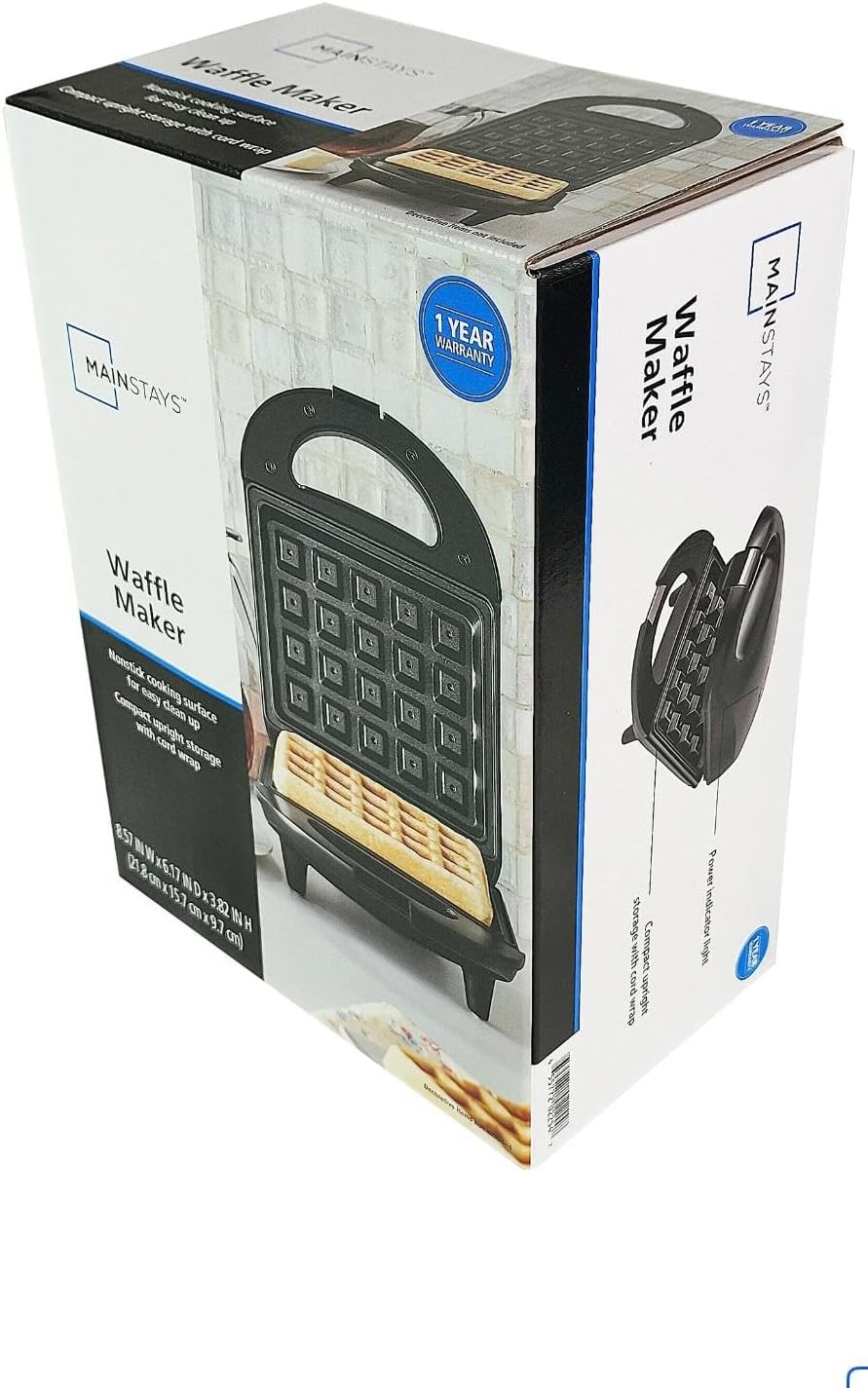 Mainstays Classic Black Non-Stick Ceramic Waffle Maker with Handle, Compact Electric Belgian Waffle Iron