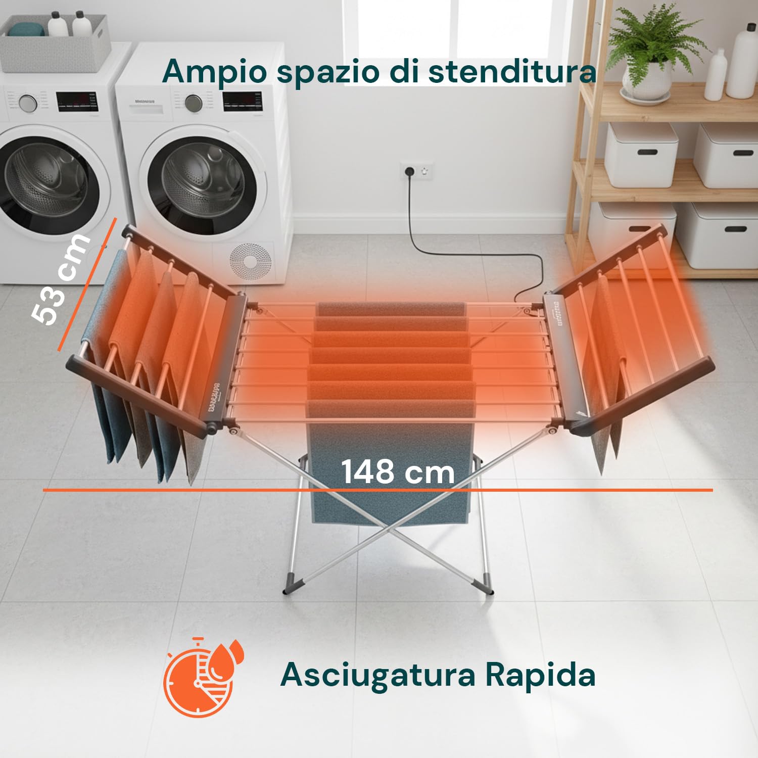 Wintem – Stendino Elettrico Richiudibile Magic Dry XL in Alluminio con 2 Ripiani Riscaldanti, Stendibiancheria Salvaspazio per Casa, Asciugabiancheria Rapido e a Basso Consumo