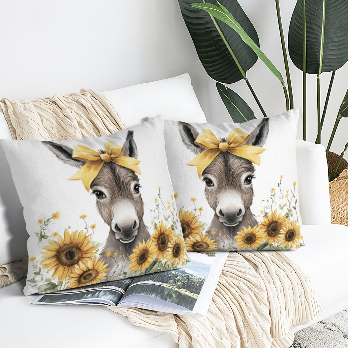 Donkey Pillow Cases Set of 2, Soft Sunflower Printing Throw Pillow Covers 28x28 Set, Pet Velvet Decor for Couch Living Room