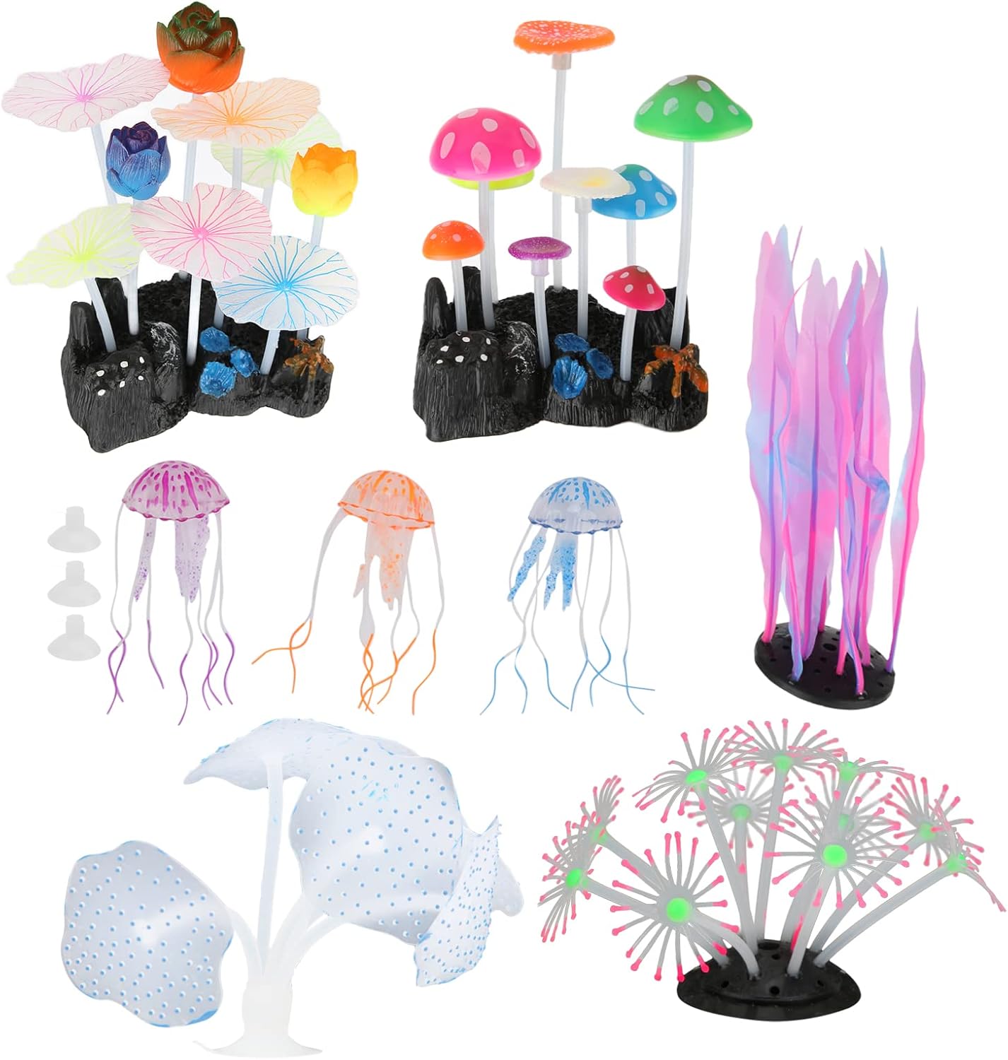 Silicone Aquarium Coral Decor Kit, Safe Non Fish Decorations, Vivid Colors, to Install with Suction Cups, Ideal for Fish, Includes 8 Work (of Art) of Coral,