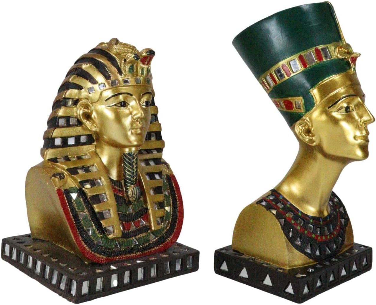 Ebros Gift Golden Ancient Egyptian Dynasty Kings and Queens Gods and Goddesses of Egypt Classical Sculpture with Artistic Mirror Fragments (Pharaoh King TUT and Queen Nefertiti Set of 2)