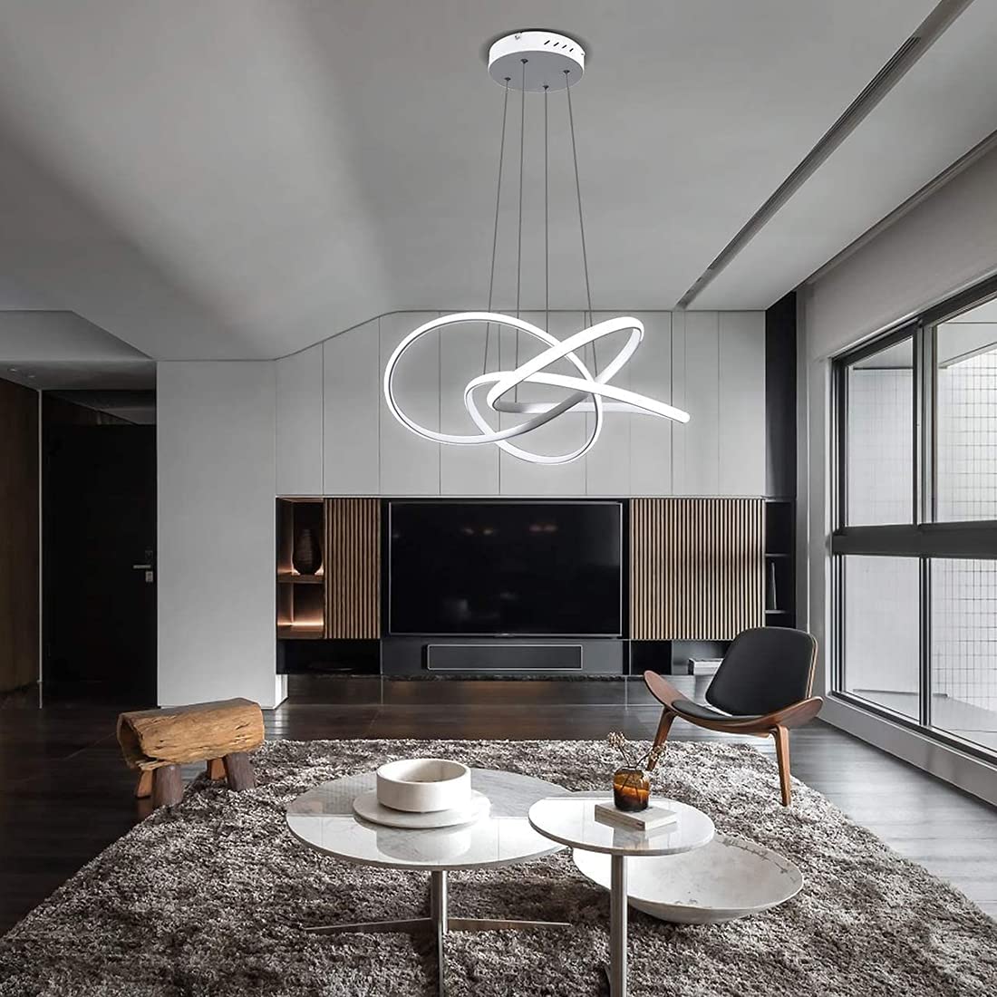 Moderna sospensione LED con design a spirale, 64W dimmerabile con telecomando, luce a lampadario regolabile in altezza, per soggiorno, camera da letto, sala da pranzo, isola della cucina (D - Bianco)